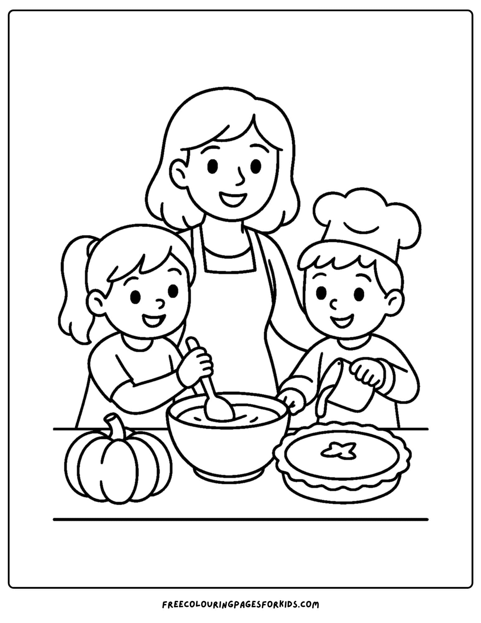 a thanksgiving coloring page of kids and a mom making a pumpkin pie