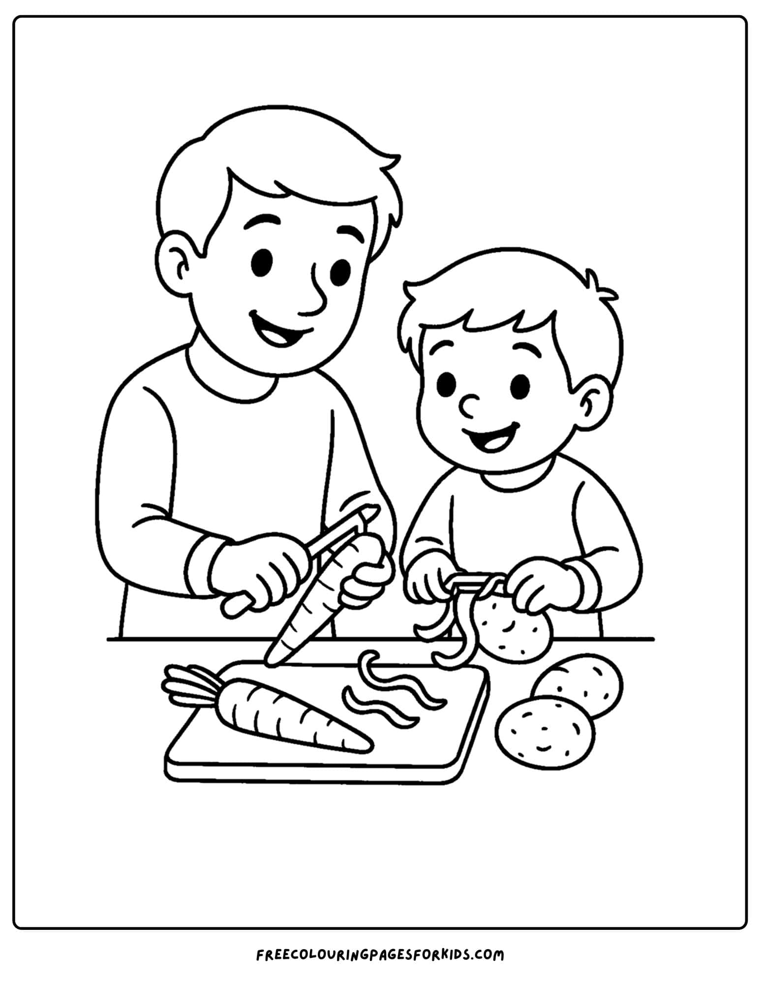 a thanksgiving coloring page of of a child and parent peeling vegetables for a thanksgiving meal
