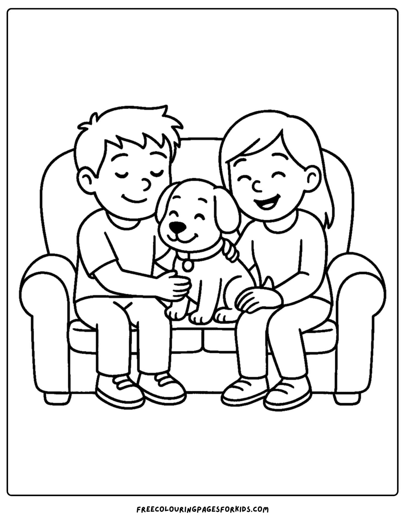 a thanksgiving coloring page of kids and a dog onthe couch