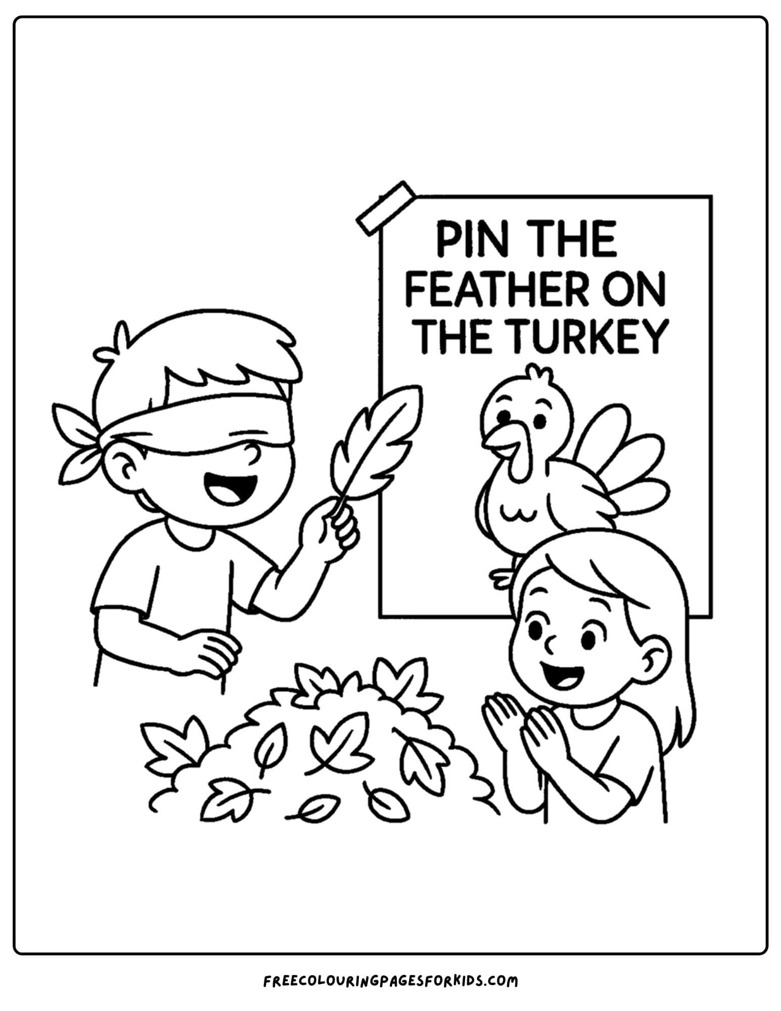 a thanksgiving coloring page of a game of pin the feather on a turkey