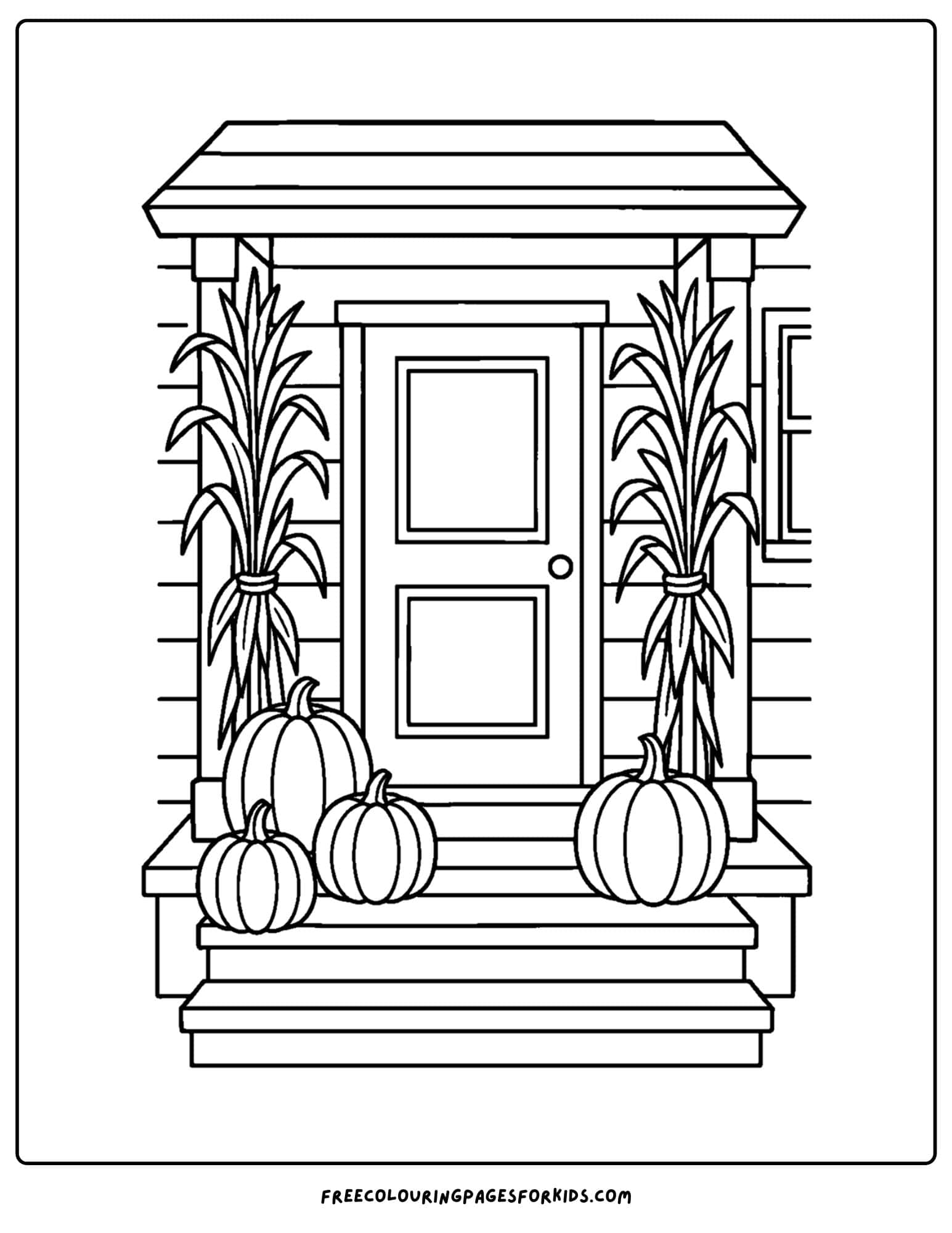 a thanksgiving coloring page of a porch decorated with pumpkins