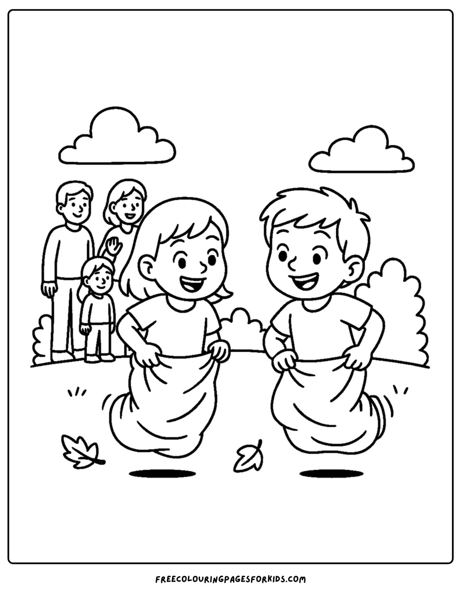 a thanksgiving coloring page of kids doing a sack race with family watching
