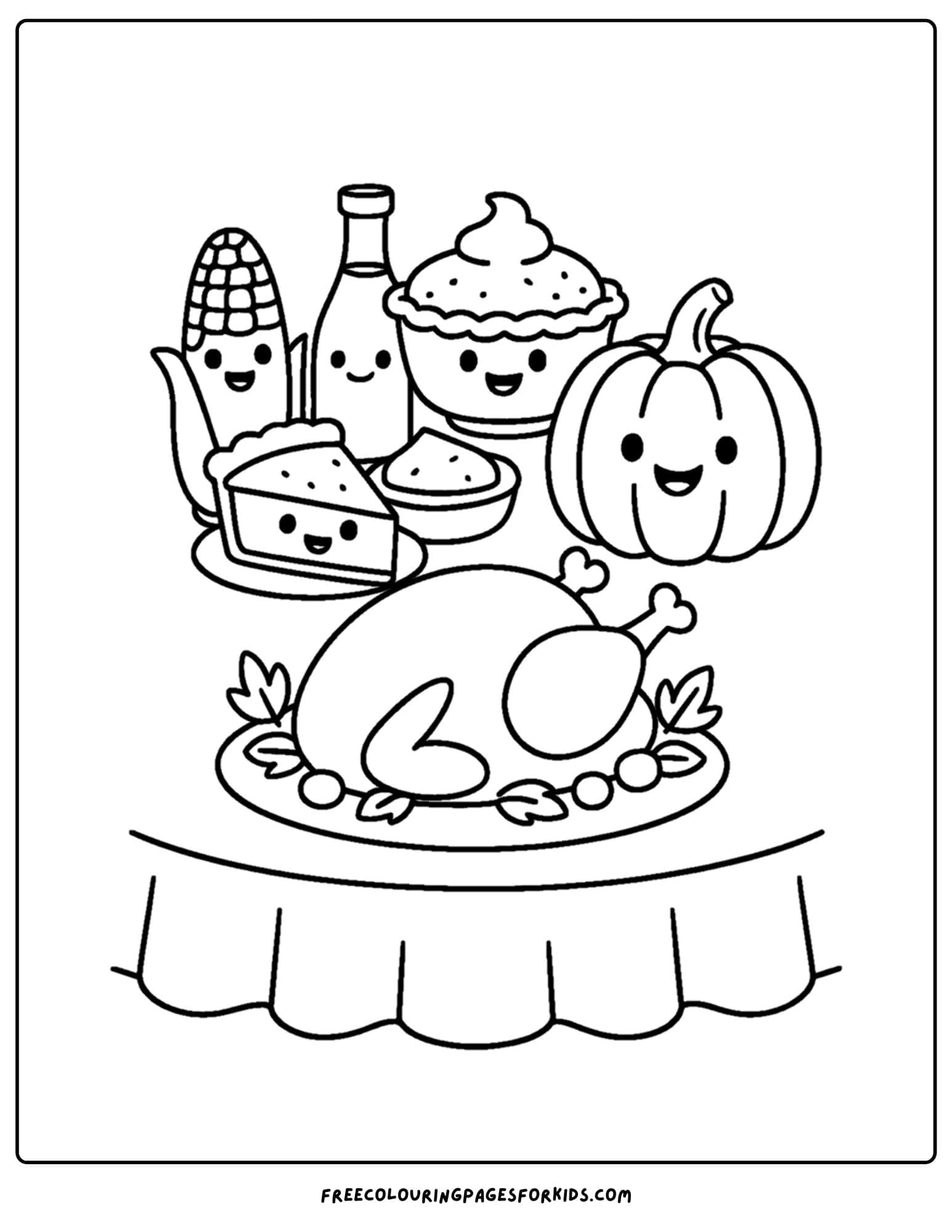 a thanksgiving coloring page of a thanksgiving feast on a table