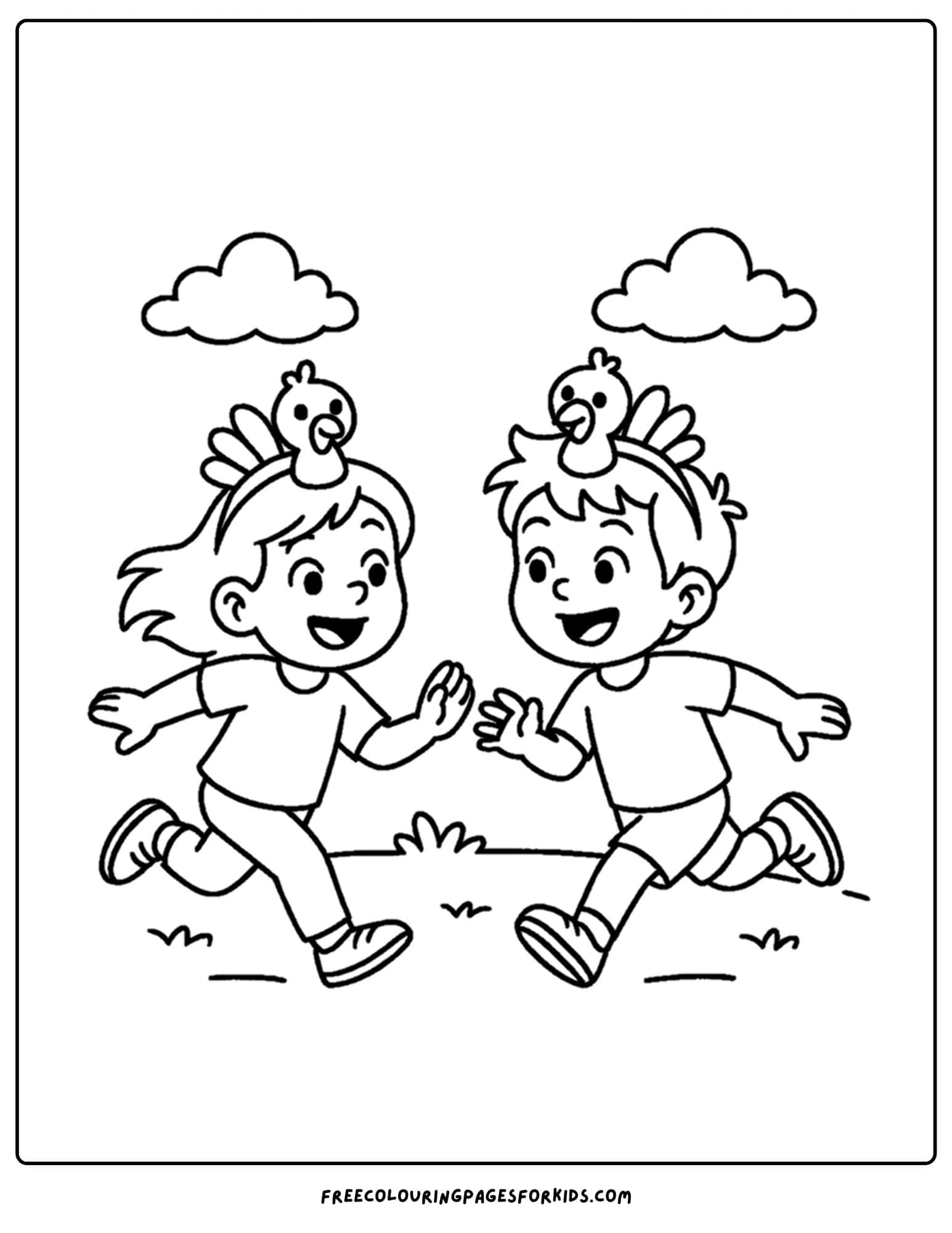 a thanksgiving coloring page of kids playing tag with turkey headbands