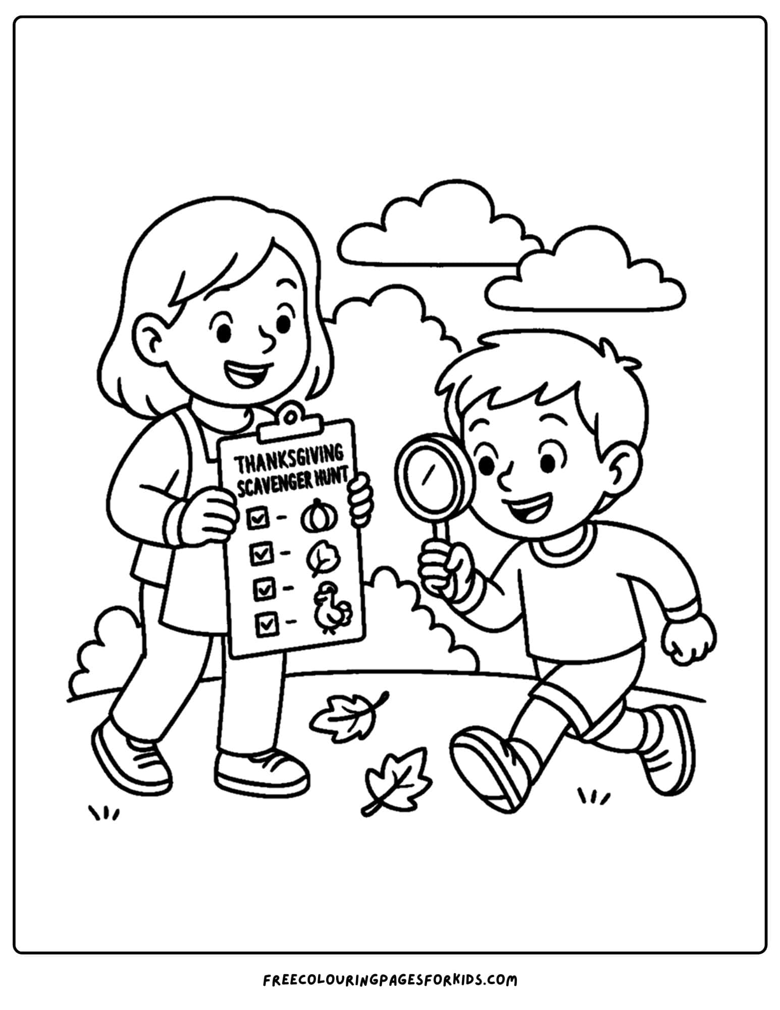 a thanksgiving coloring page of kids doing a thanksgiving treasure hunt