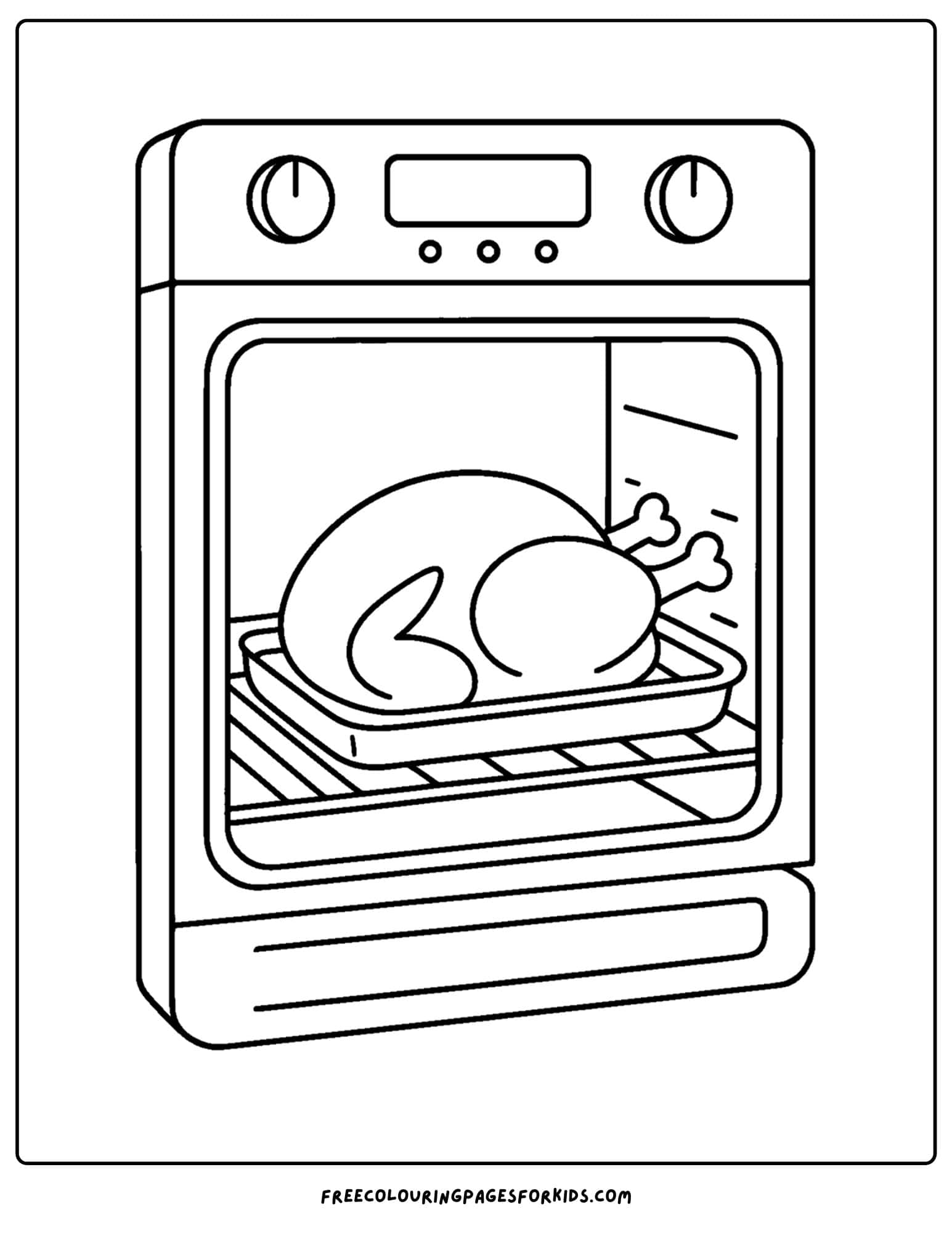 a thanksgiving coloring page of a turkey baking in an oven