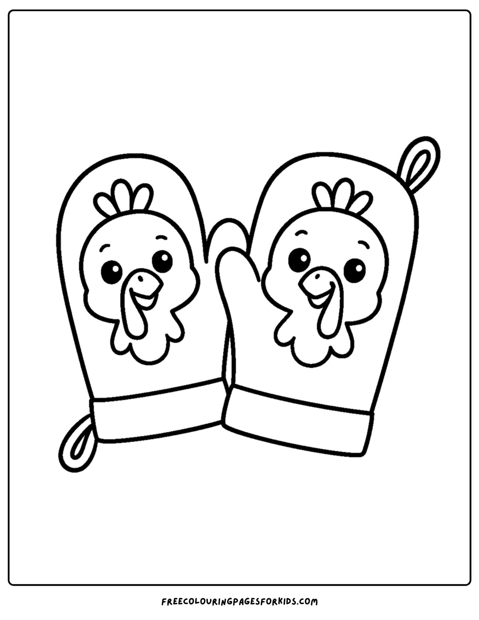 a thanksgiving coloring page of oven mitts with turkey faces on them