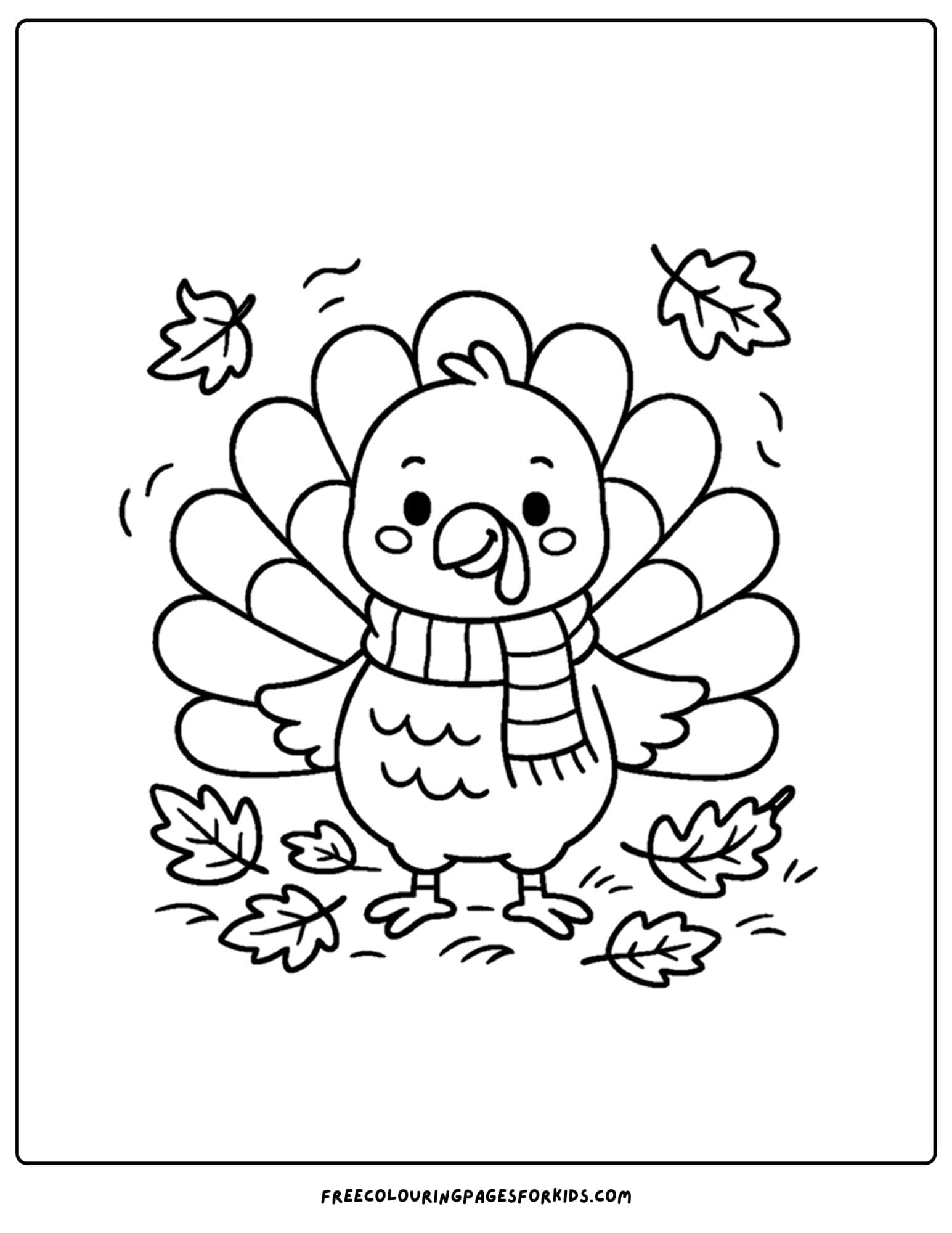 a thanksgiving coloring page of a turkey in some fall leaves