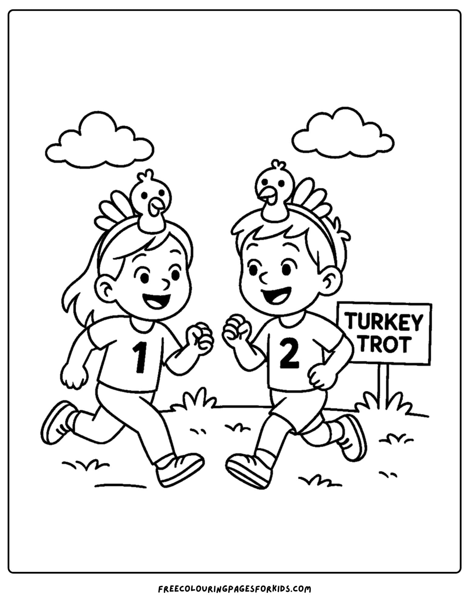 a thanksgiving coloring page of kids doing a turkey trot run