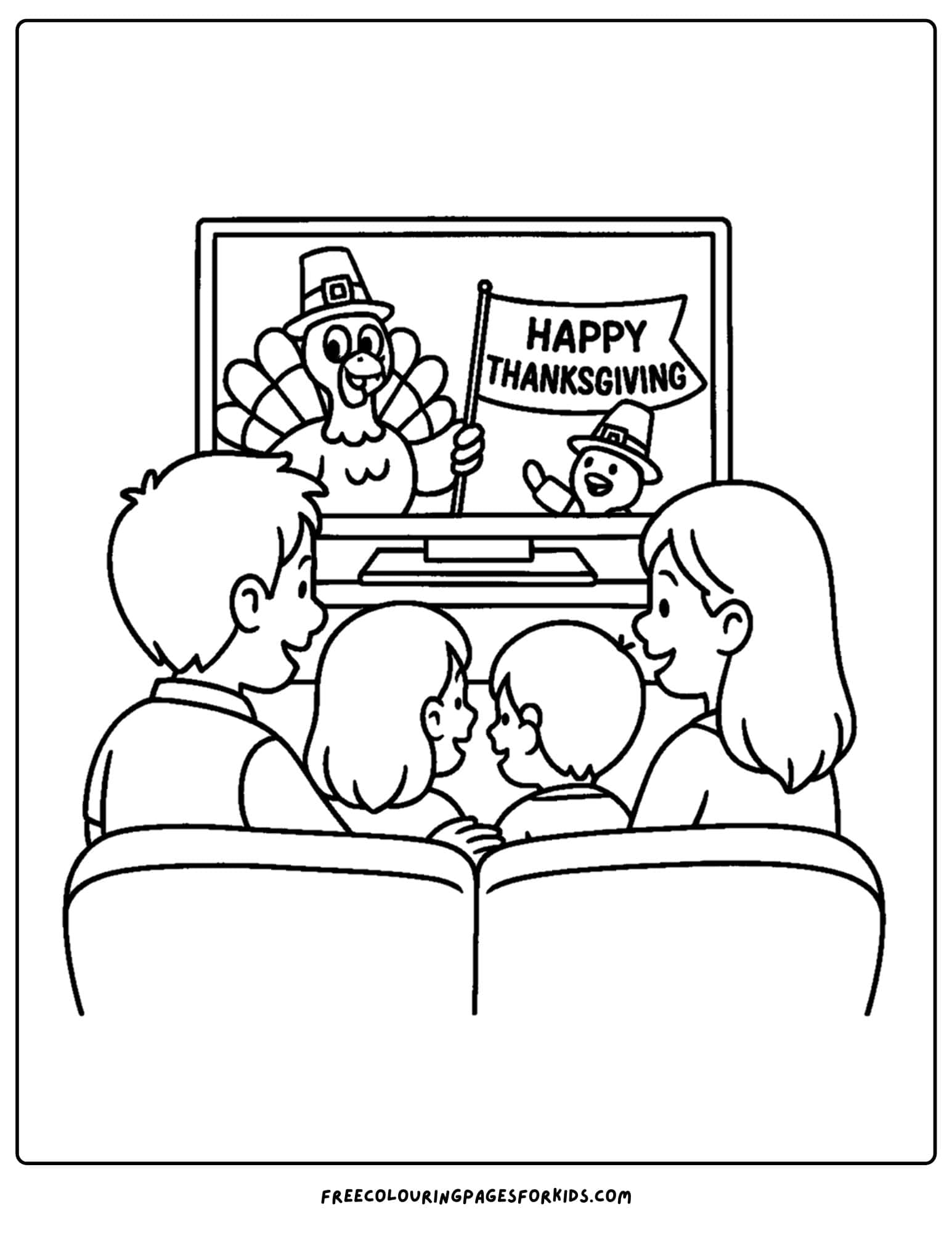 a thanksgiving coloring page of a family watching a parade of tv