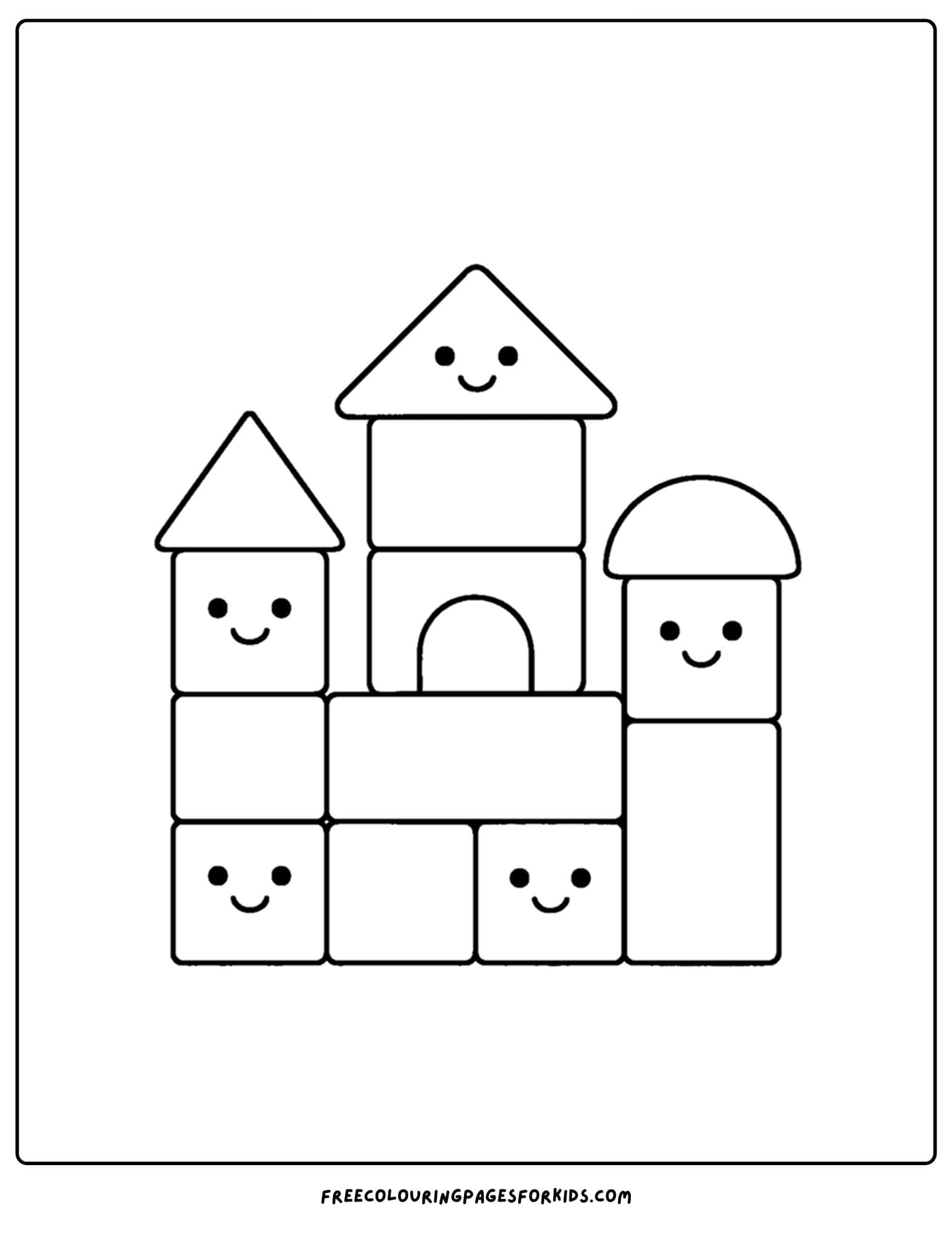 a toy coloring page of a stack of smiling kawaii blocks made into a castle