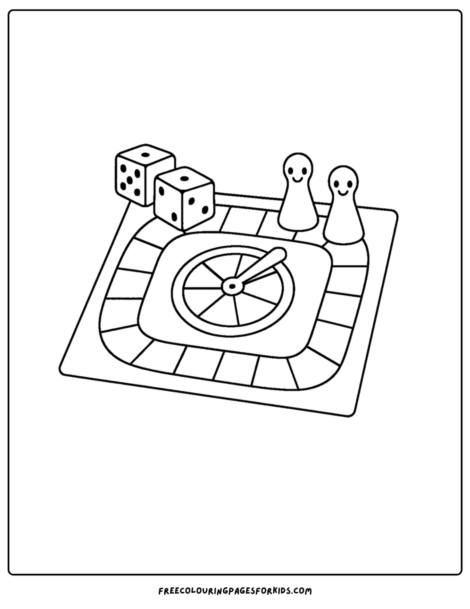 a toy coloring page of a kids board game with dice