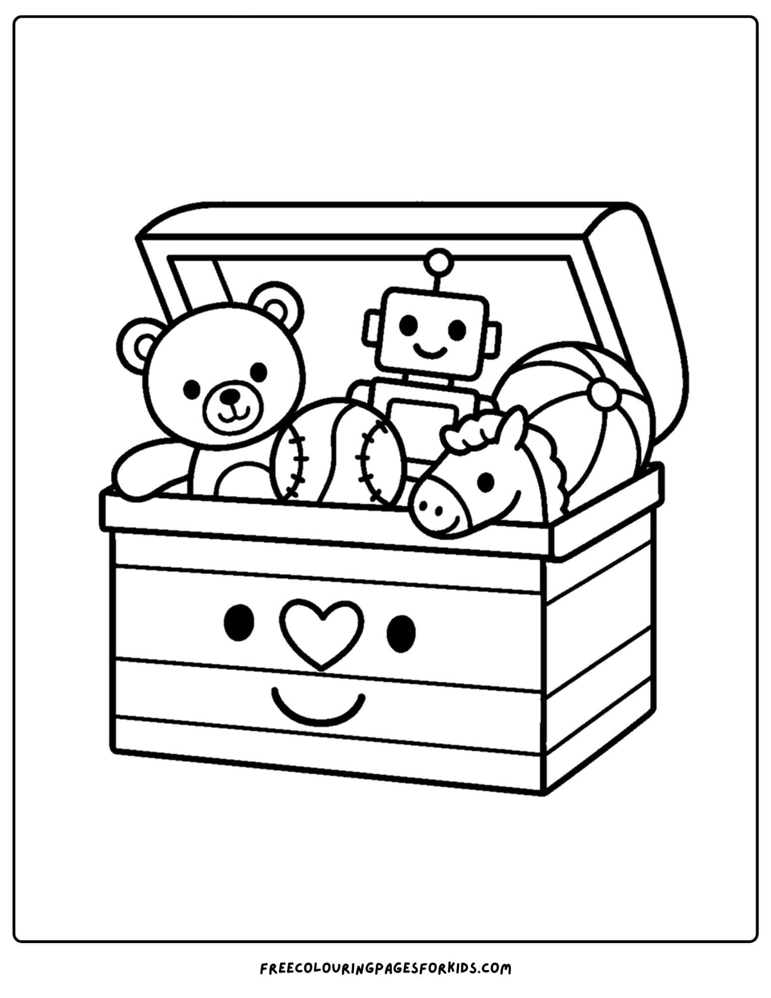 a toy coloring page of a childs toy chest full of toys
