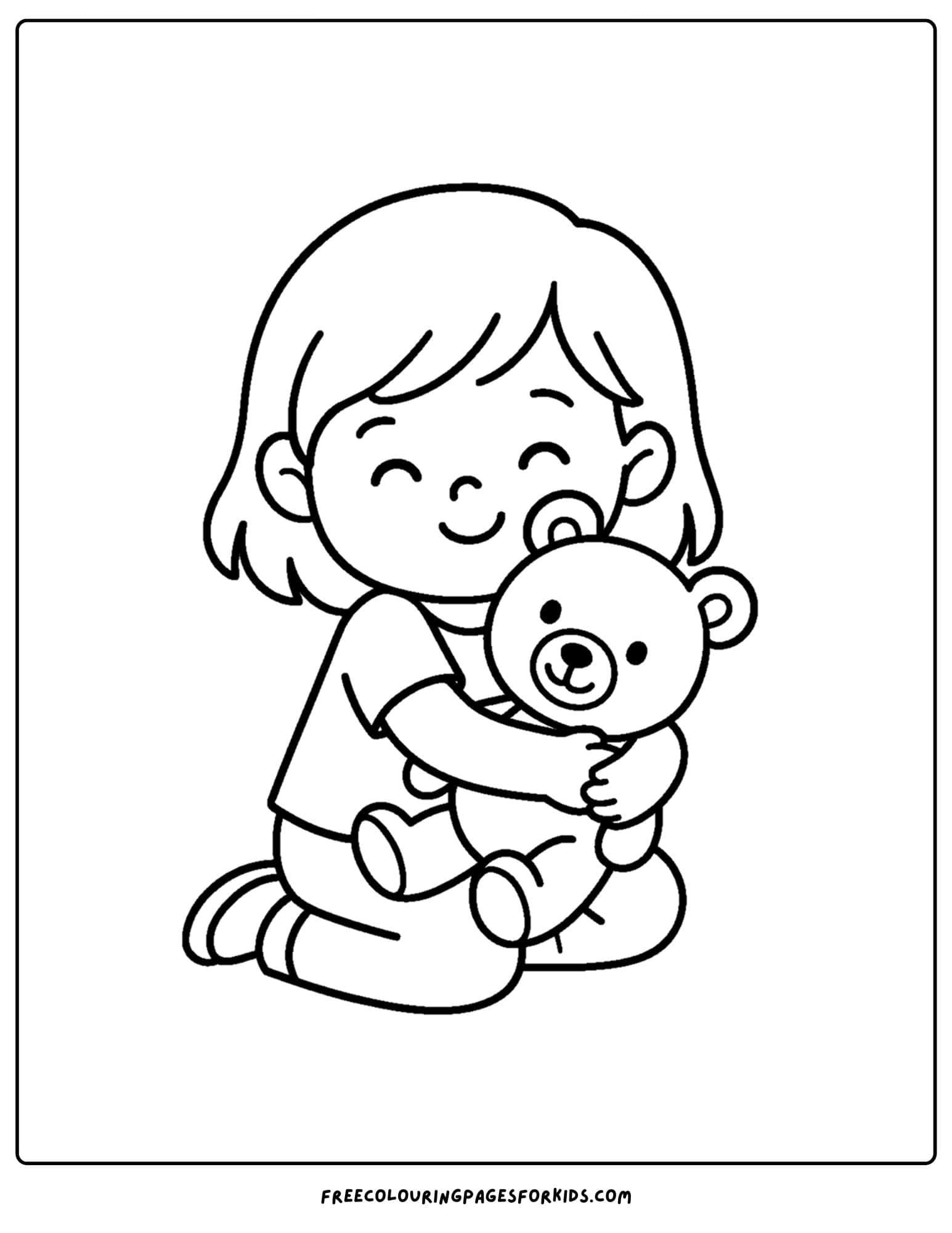 a toy coloring page of a little girl hugging a teddy bear