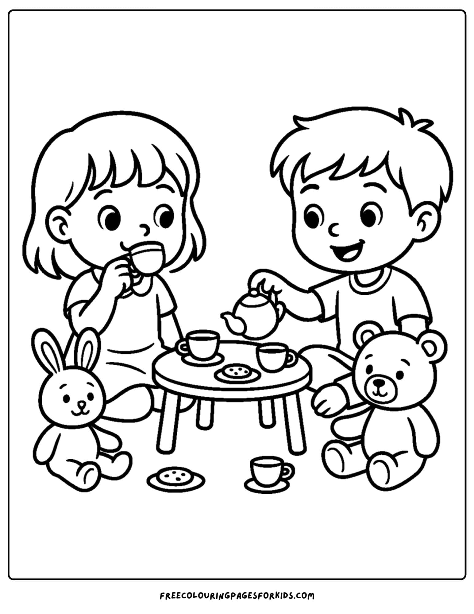a toy coloring page of two kids having a pretend tea party