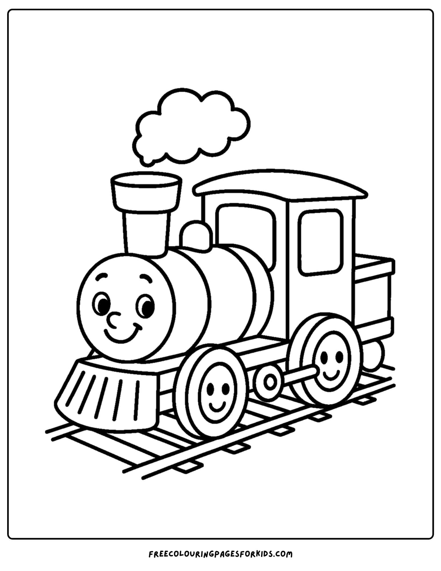 a toy coloring page of a happy train on a track
