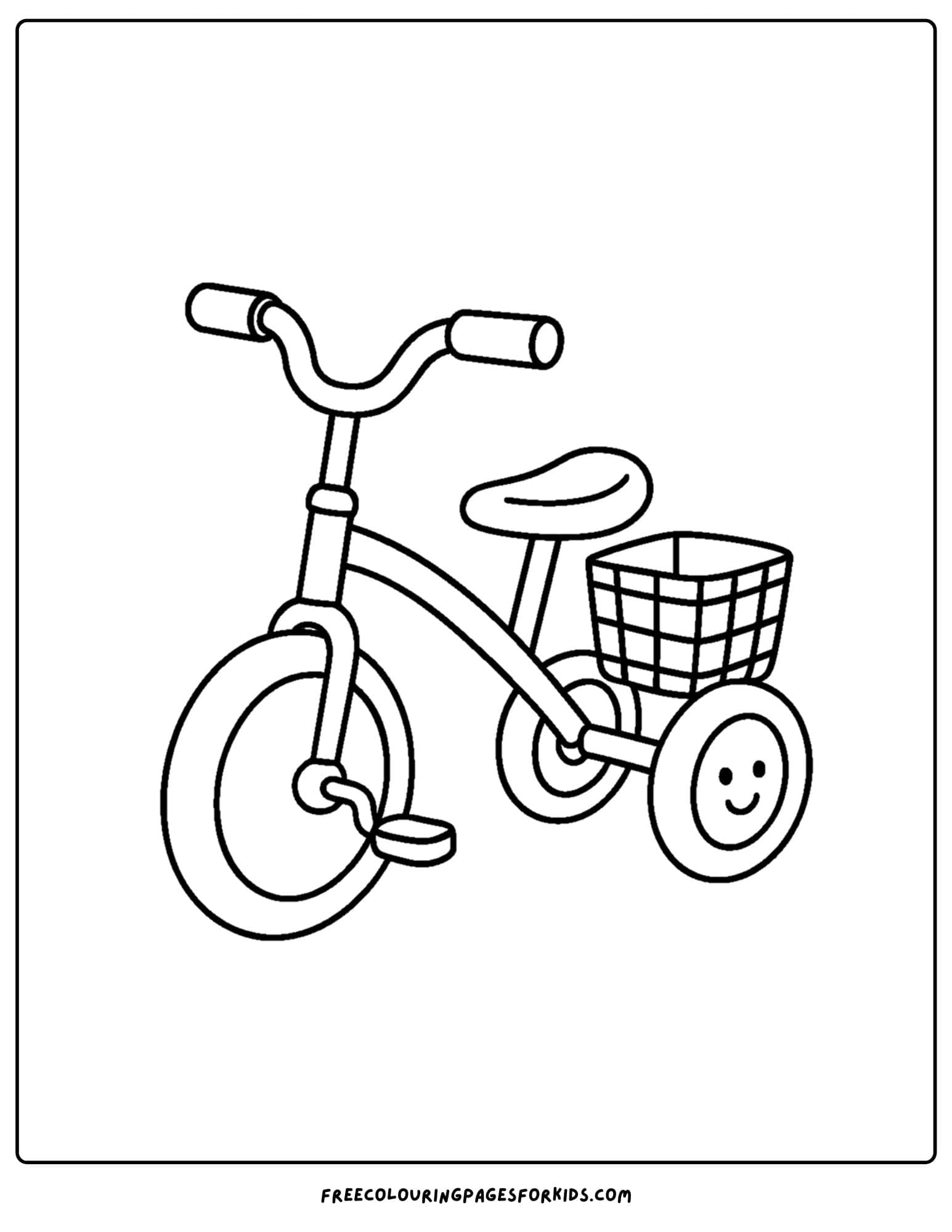a toy coloring page of a kids tricycle with basket