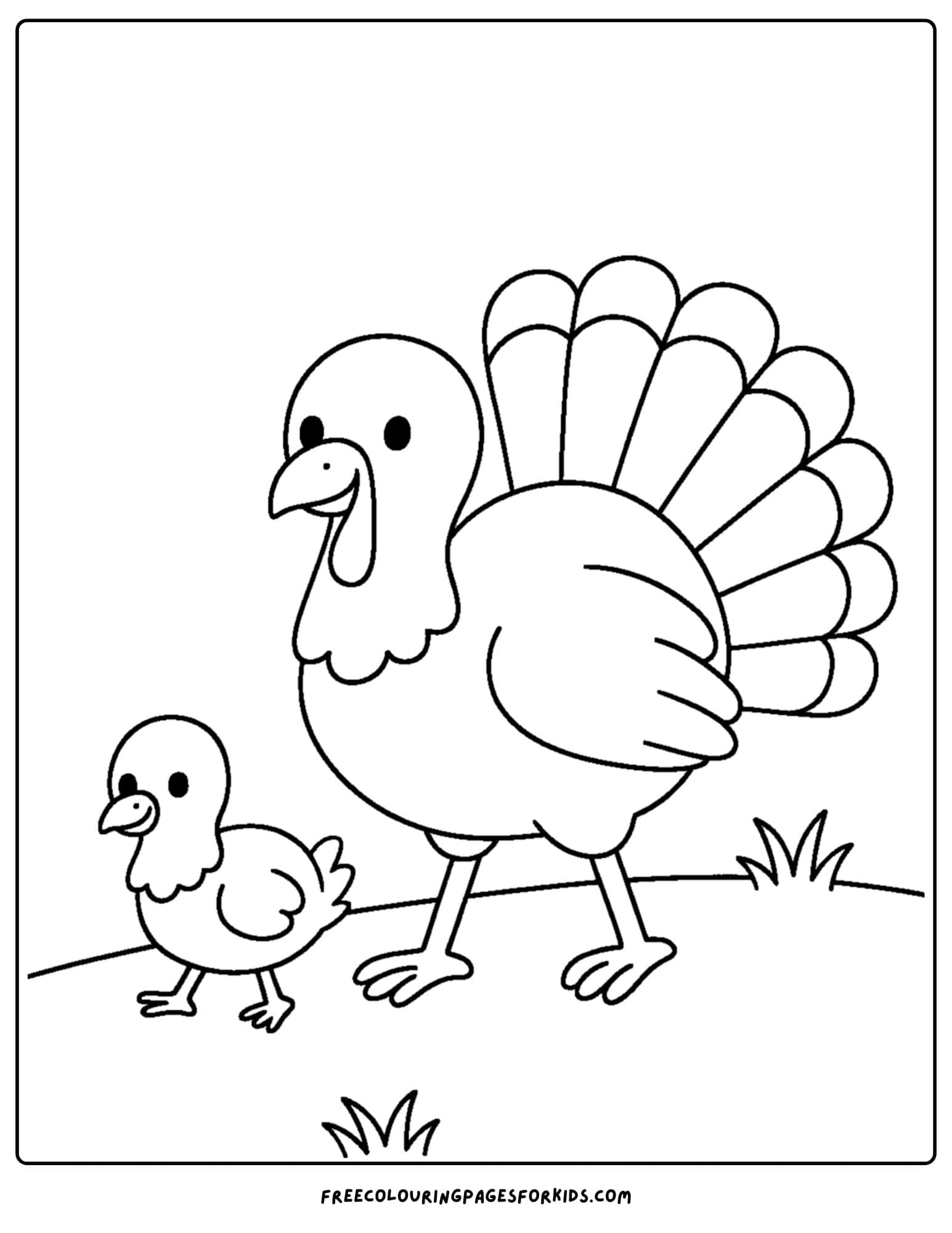 a turkey coloring page featuring a turkey walking with its baby