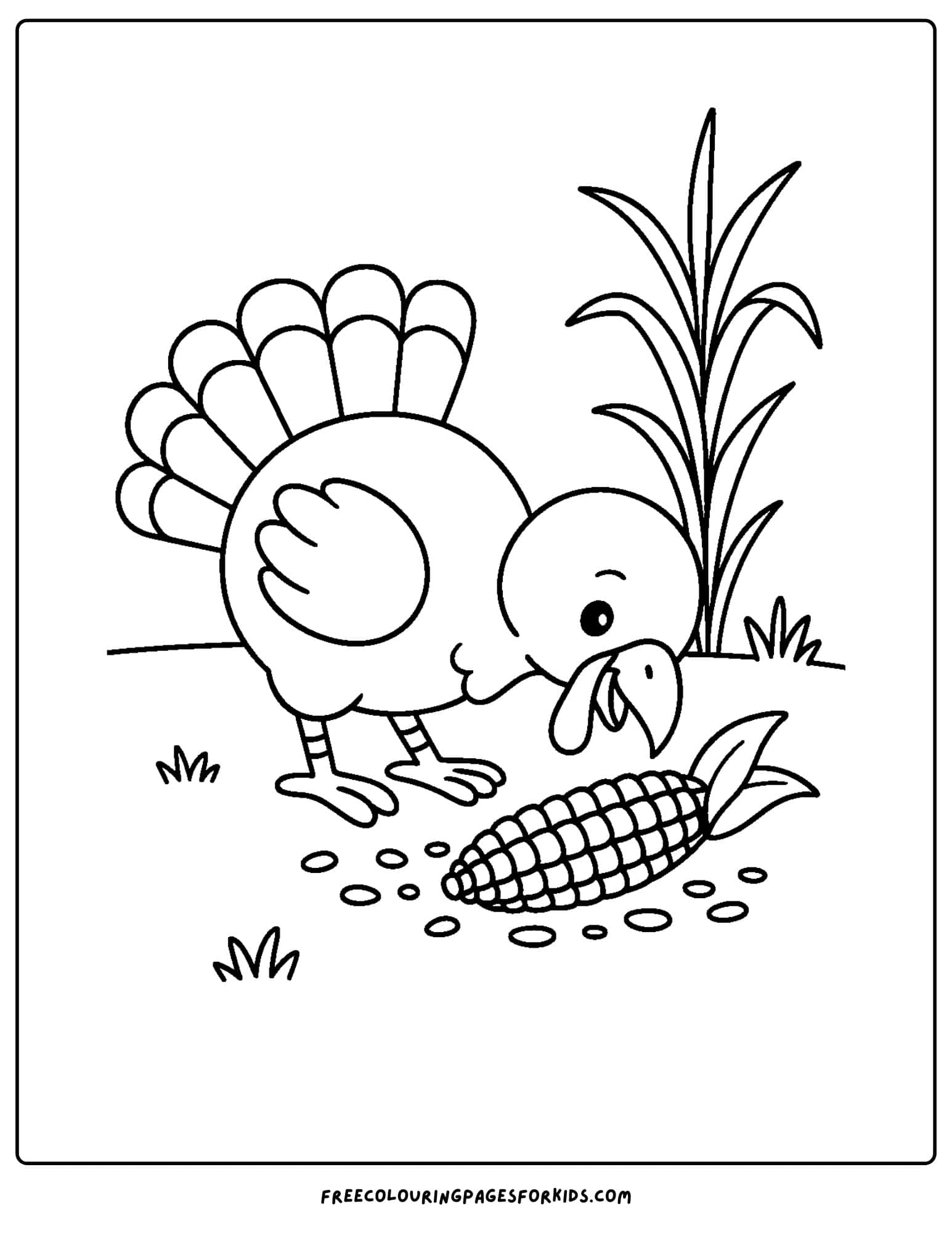 a turkey coloring page featuring a turkey pecking at some corn