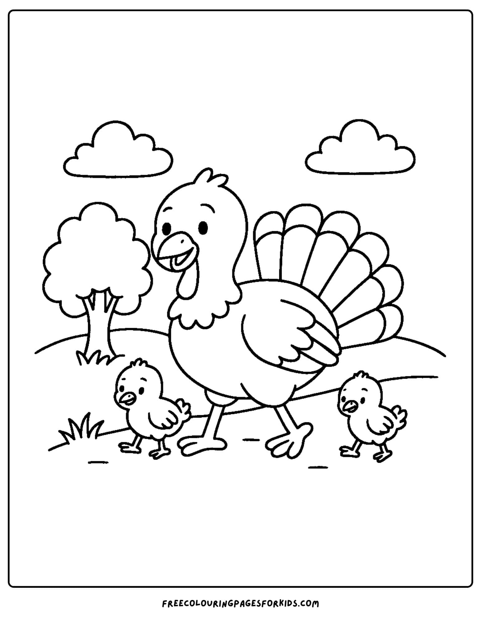 a turkey coloring page featuring a turkey walking with baby chicks