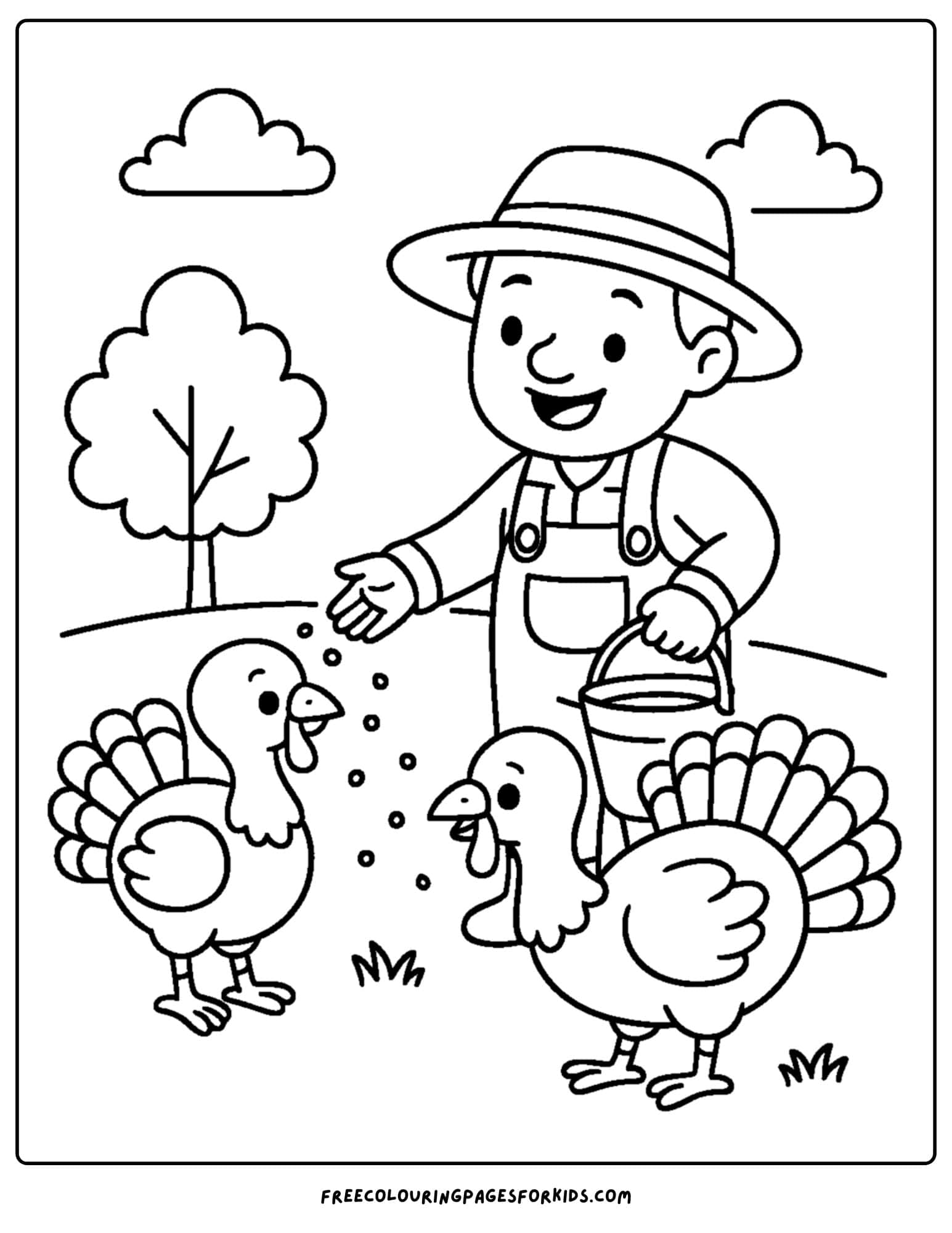 a turkey coloring page featuring a farmer feeding turkeys on the farm