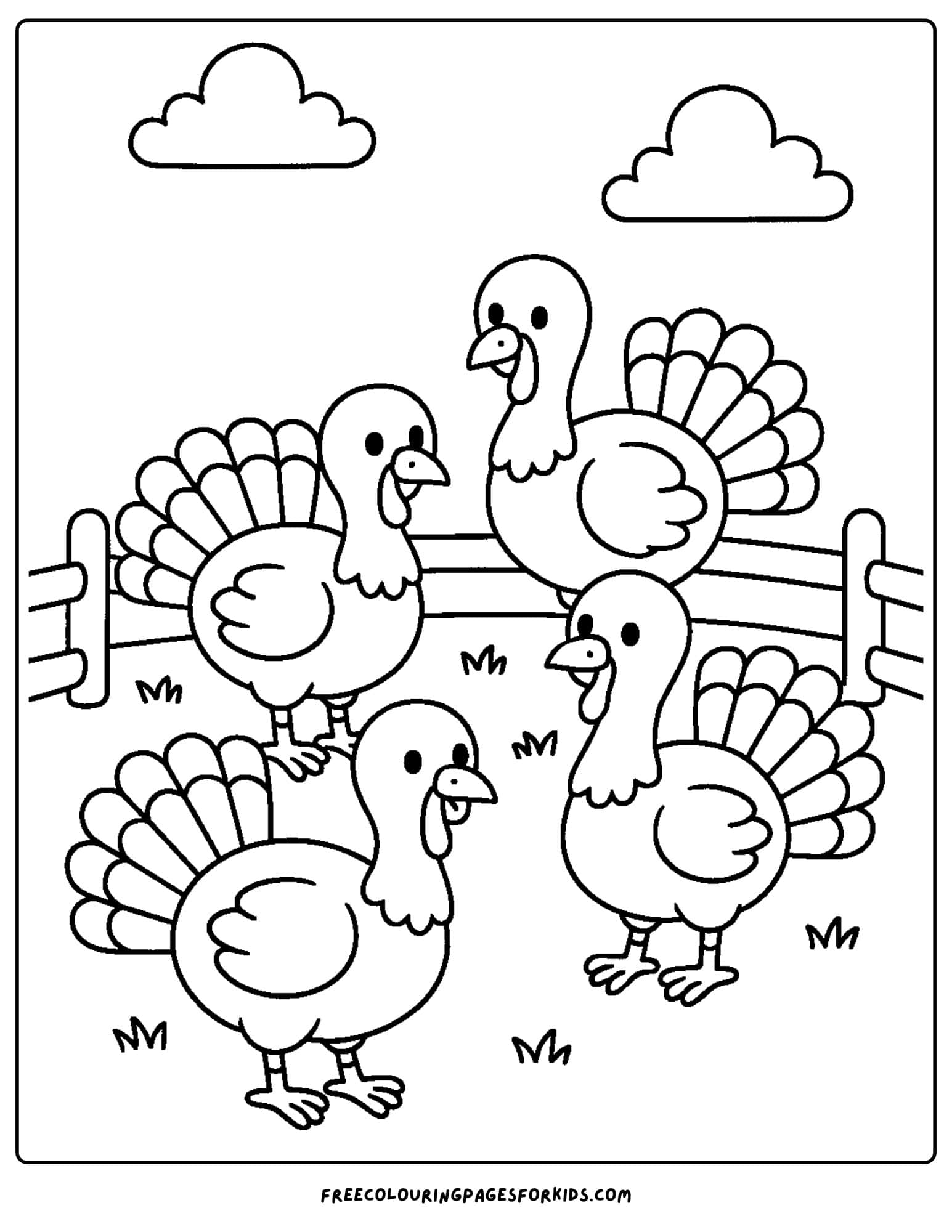 a turkey coloring page featuring a group of turkeys in a farm pen