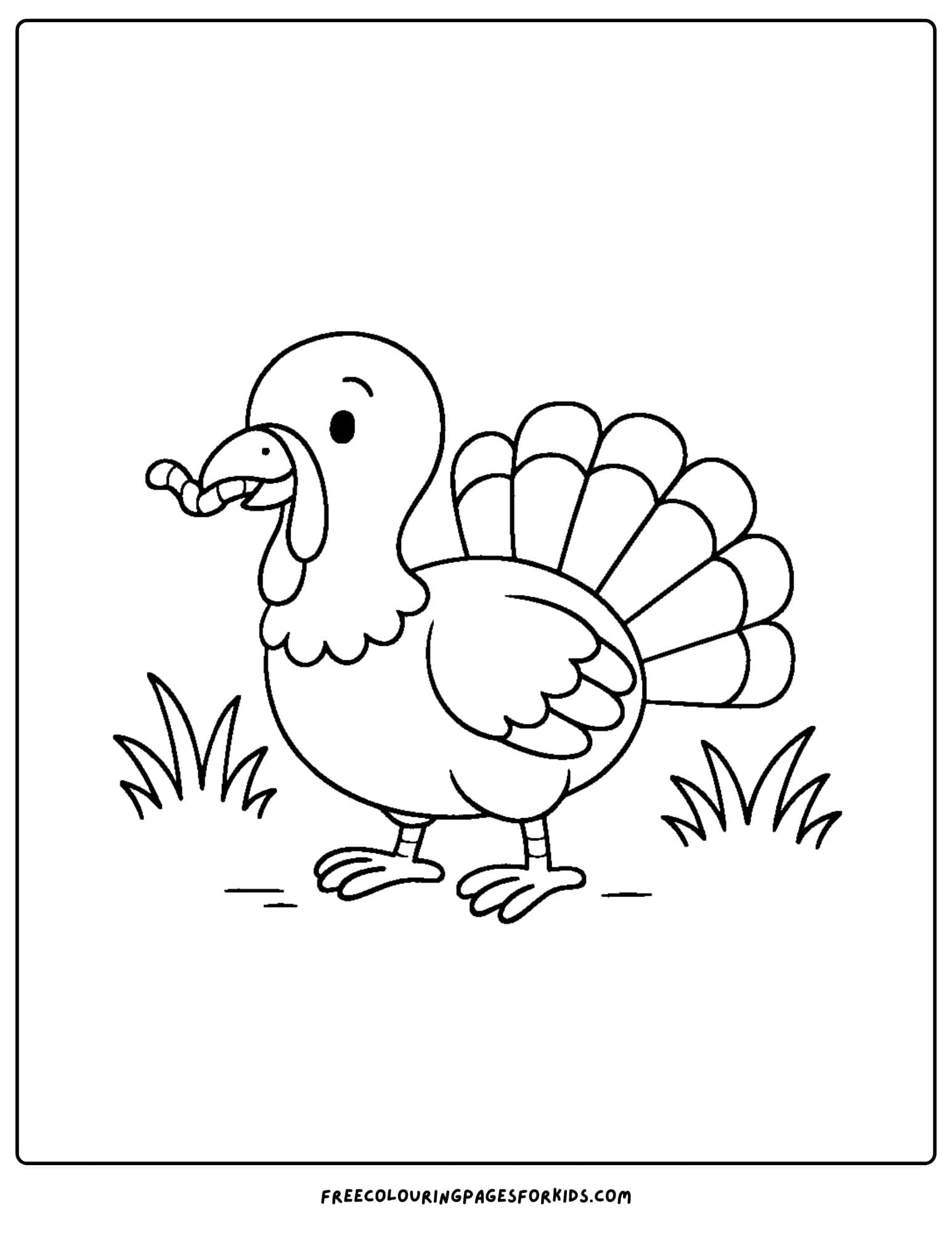 a turkey coloring page featuring a turkey with a worm in its beak