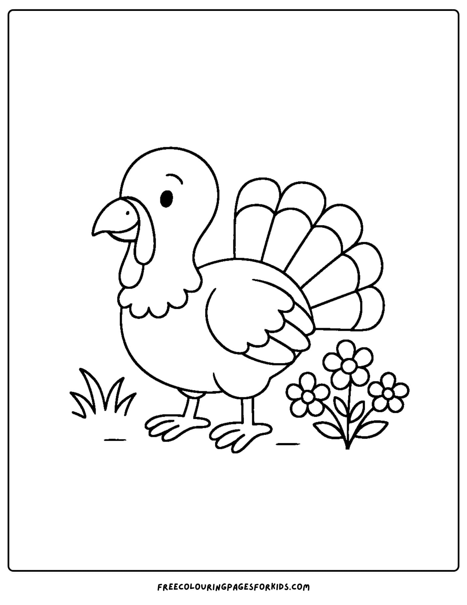 a turkey coloring page featuring a turkey next to some flowers