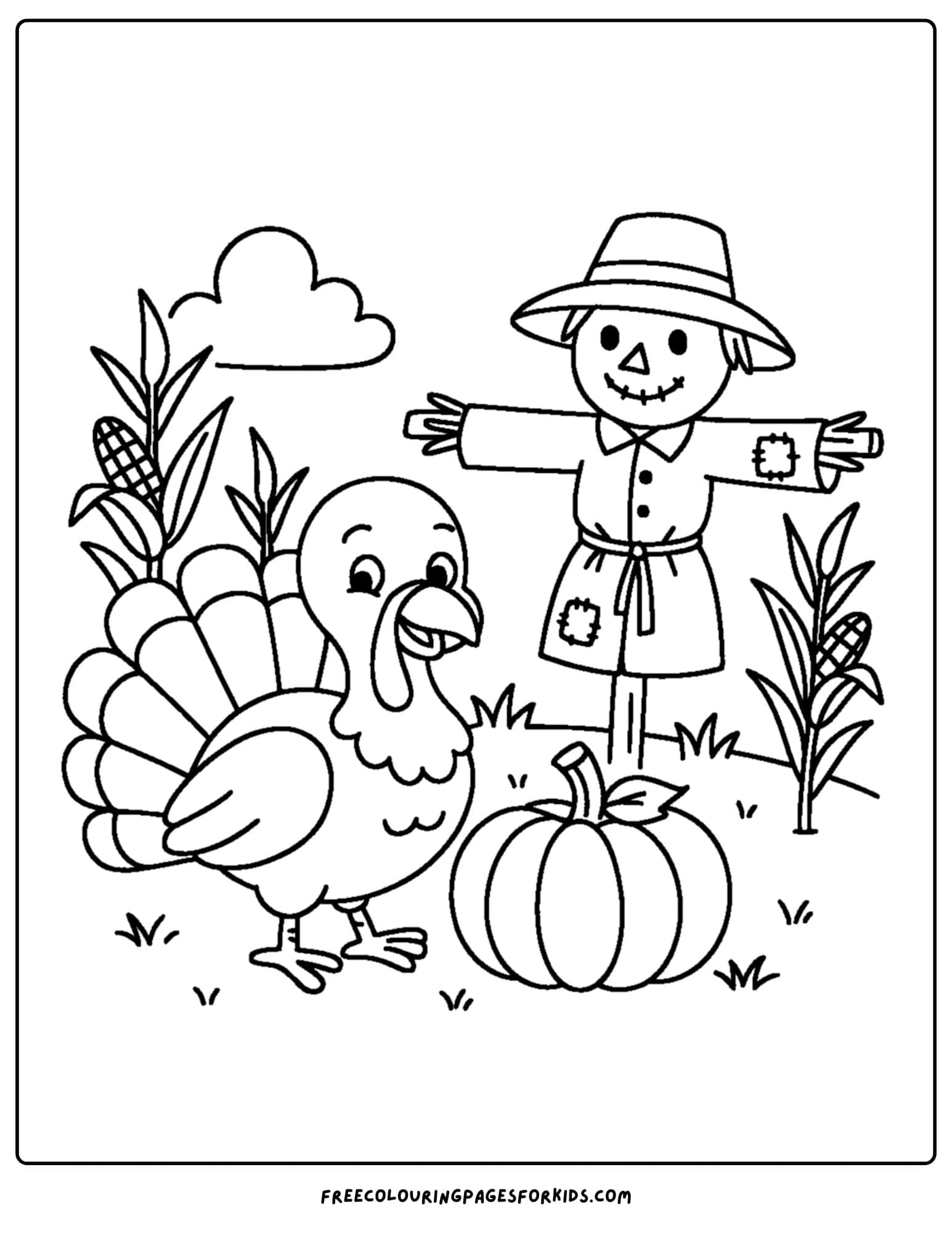 a turkey coloring page featuring a turkey near a scarecrow and pumpkins