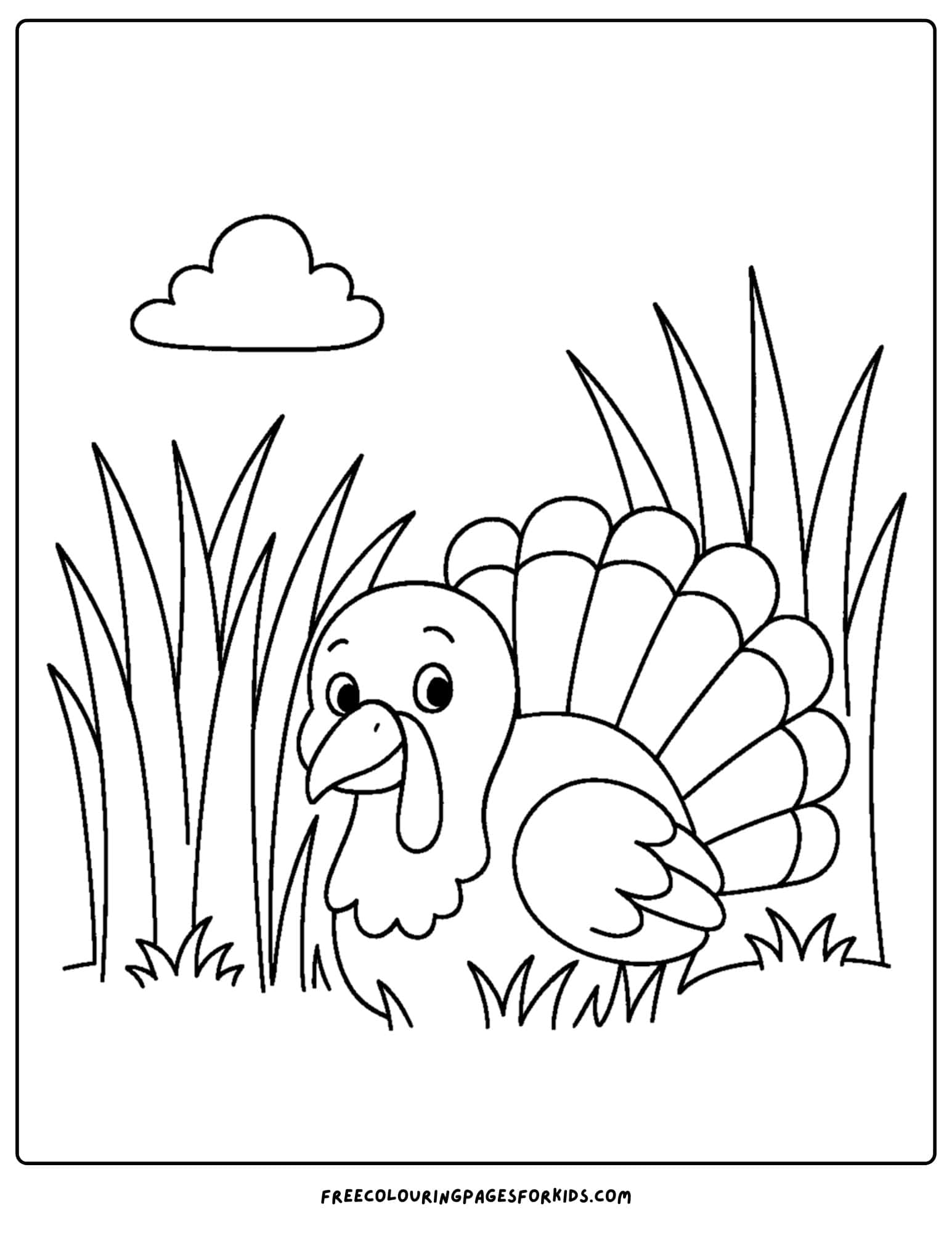a turkey coloring page featuring a turkey peeking from some grass