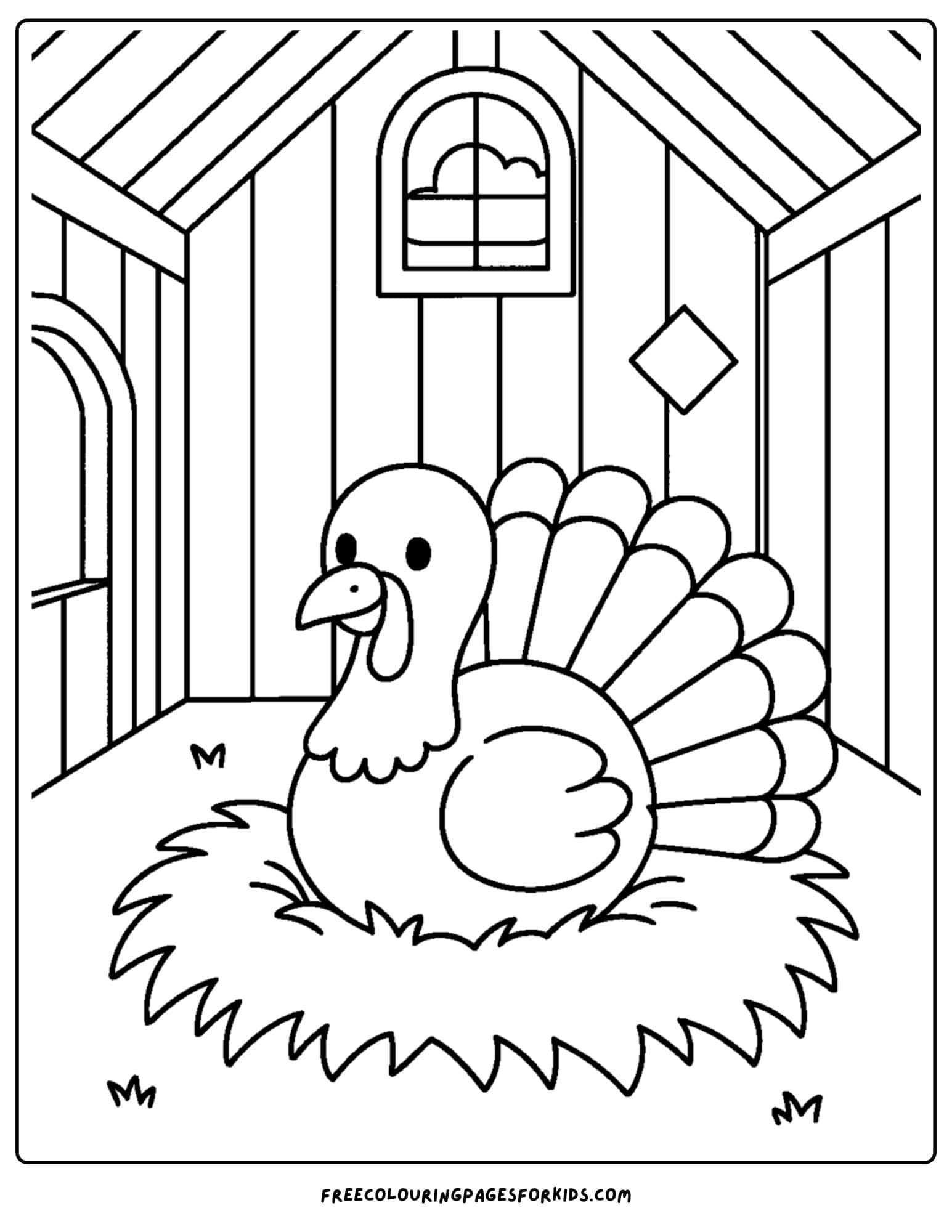 a turkey coloring page featuring a turkey resting in a barn