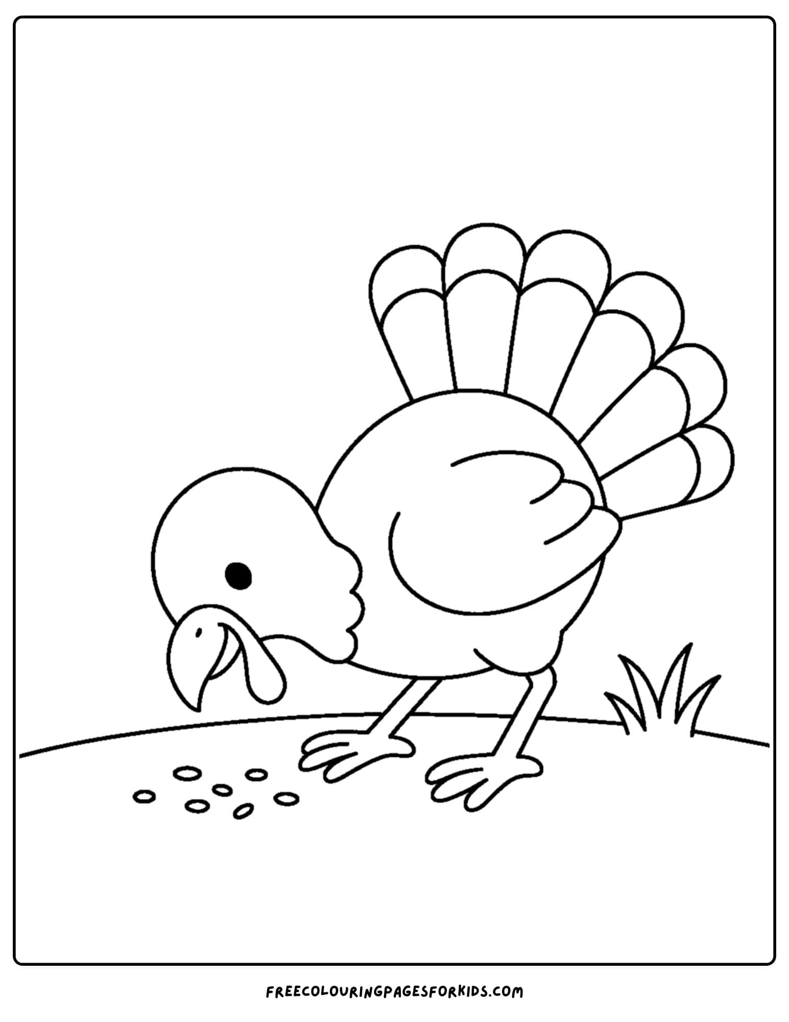a turkey coloring page featuring a turkey scratching at food on the ground