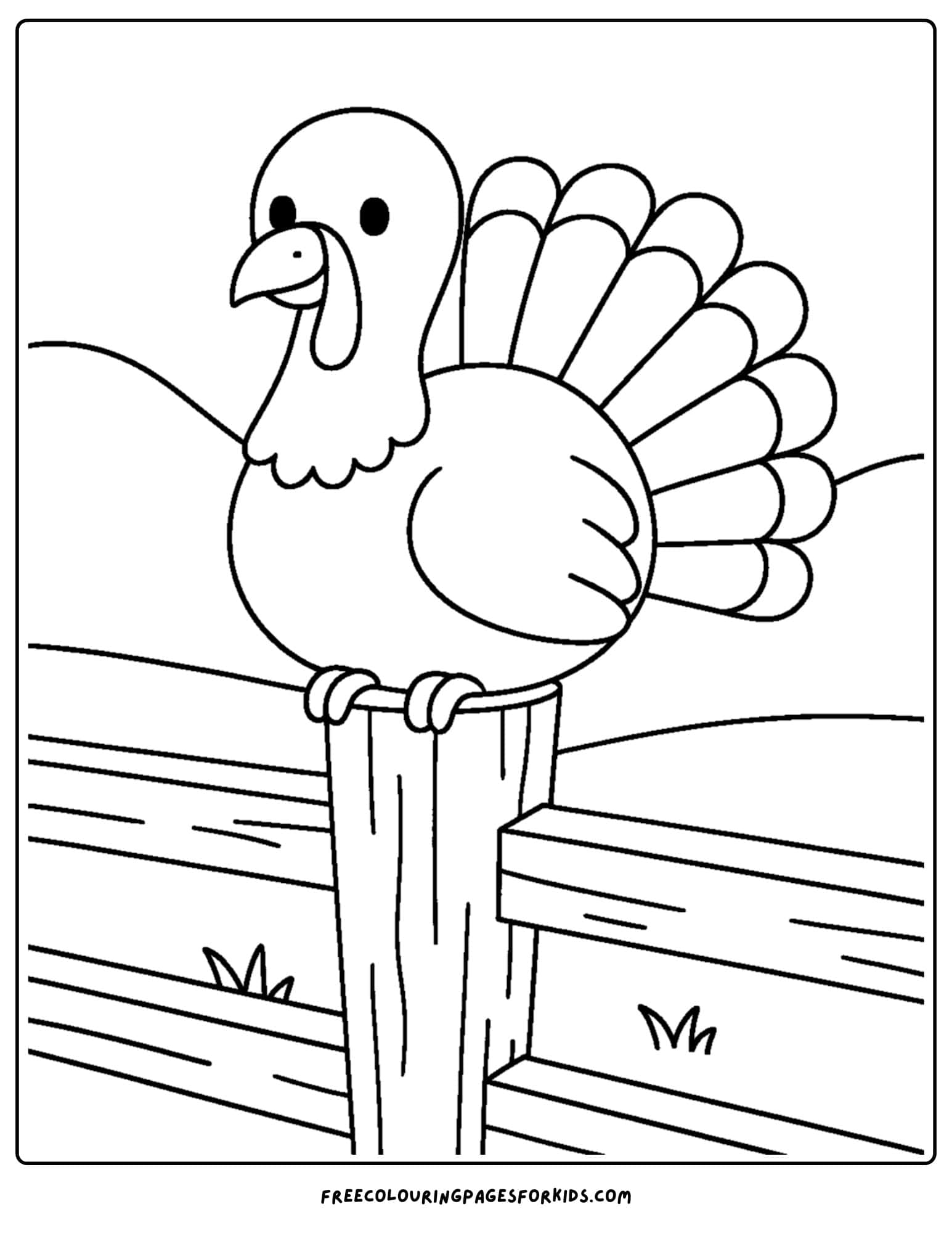 a turkey coloring page featuring a turkey sitting on a fence
