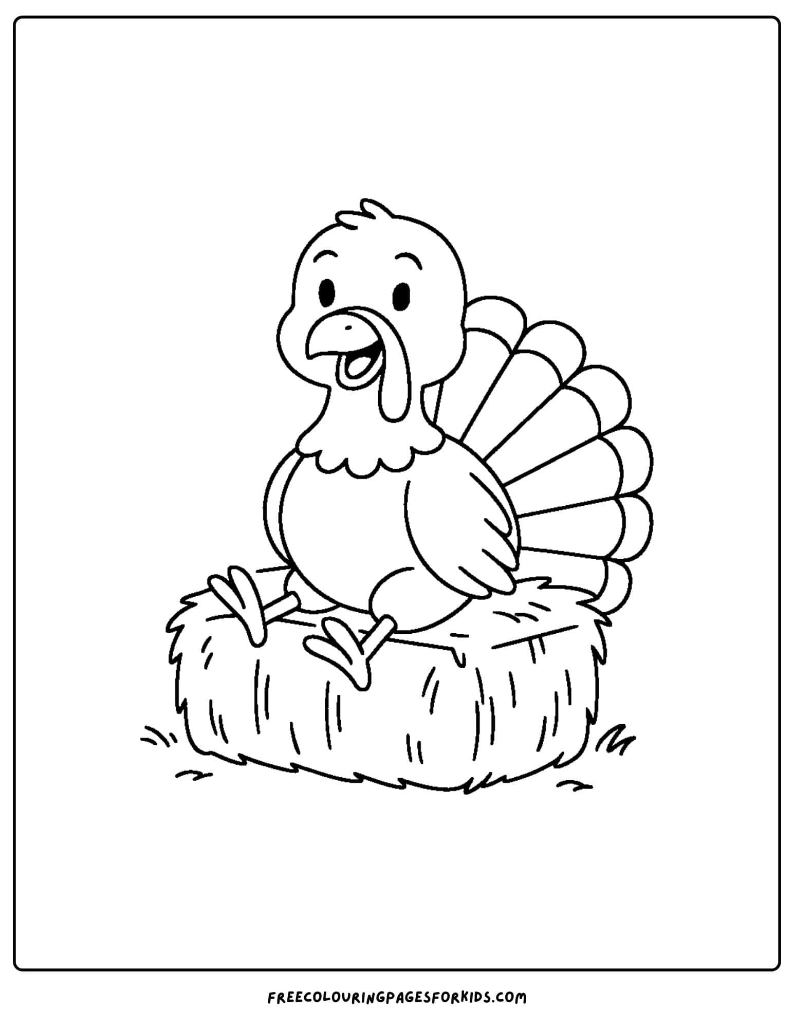 a turkey coloring page featuring a turkey sitting on a haybale
