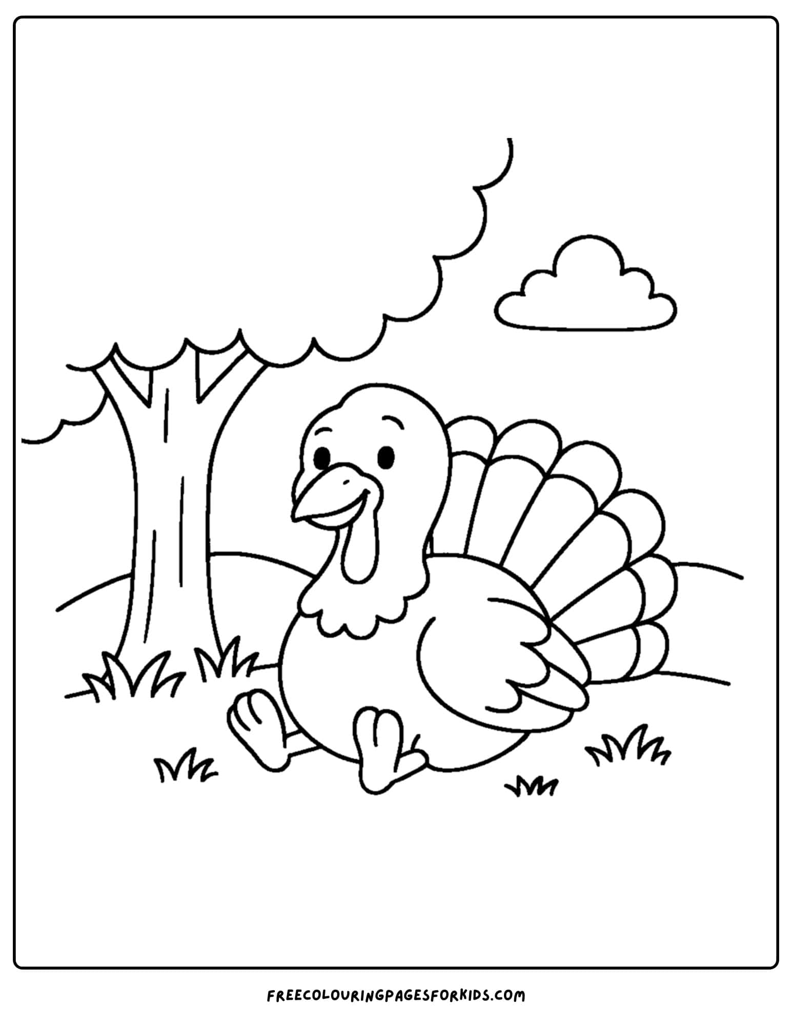a turkey coloring page featuring a turkey sitting under a tree