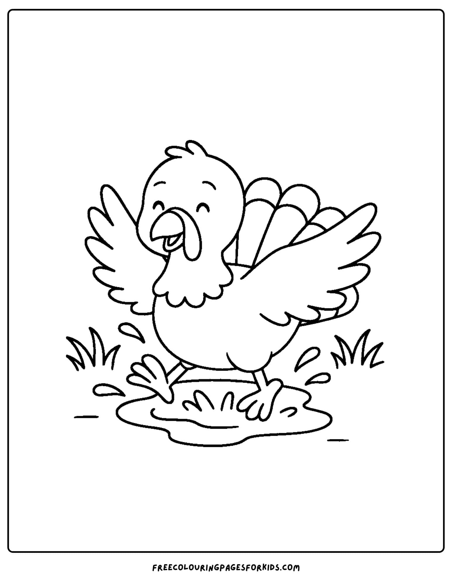 a turkey coloring page featuring a turkey splashing in a puddle