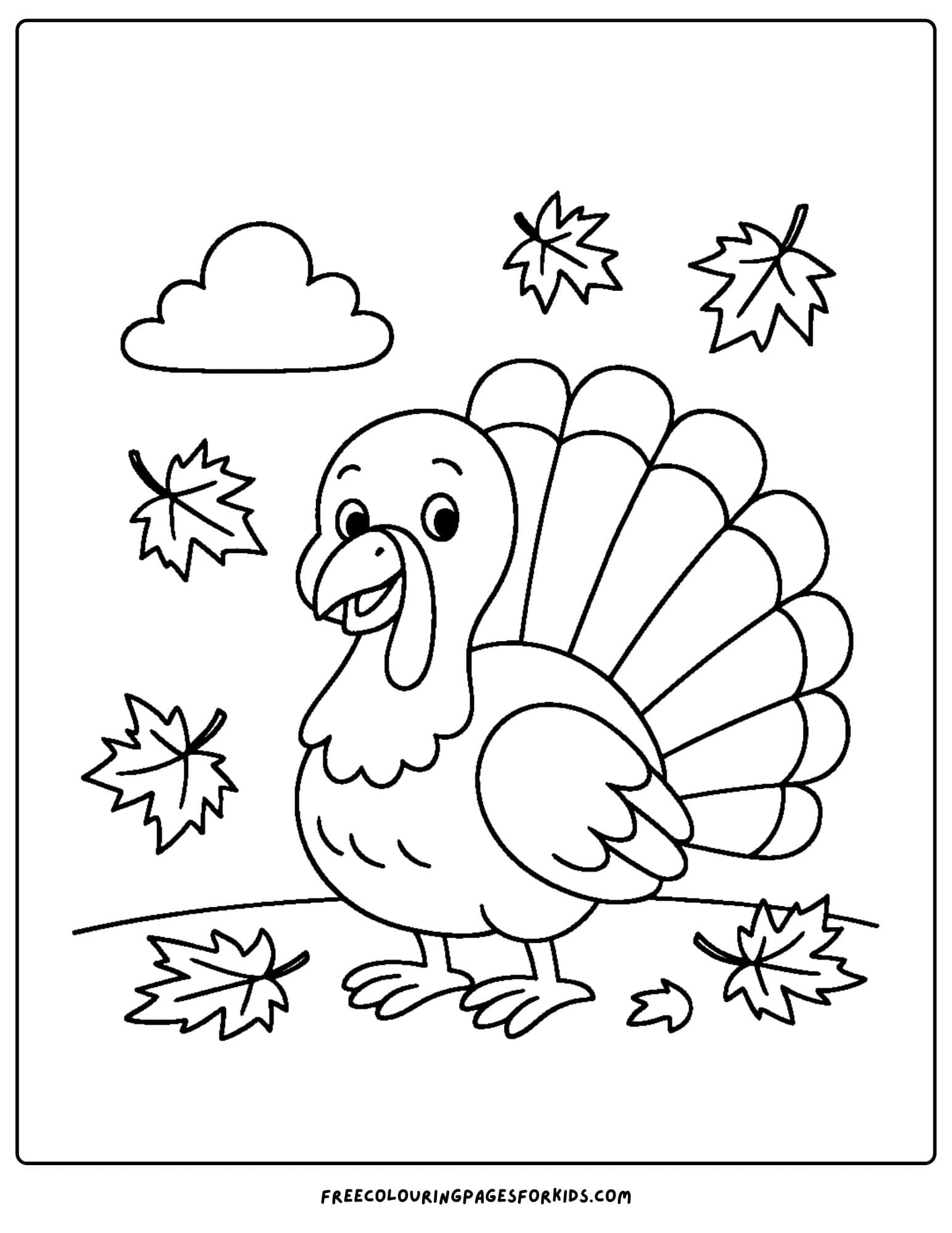 a turkey coloring page featuring a turkey standing in autumn fall leaves