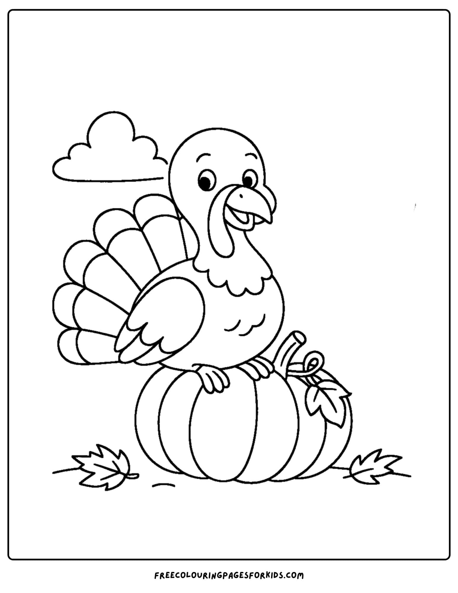 a turkey coloring page featuring a turkey standing on a pumpkin