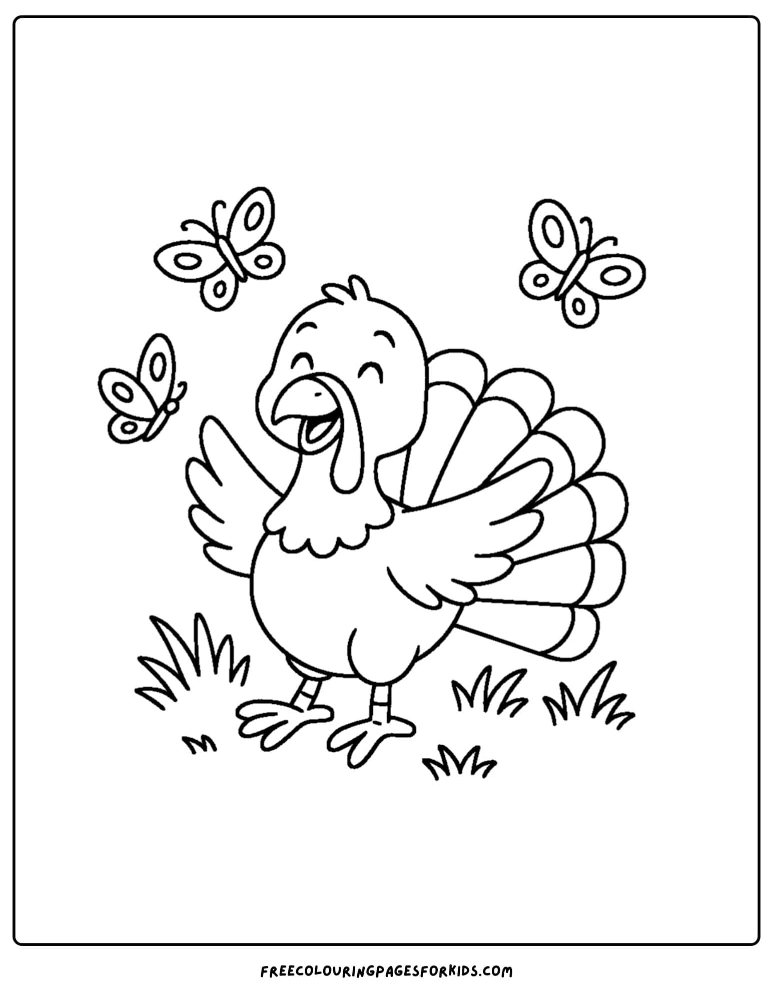 a turkey coloring page featuring a turkey surrounded by butterflies