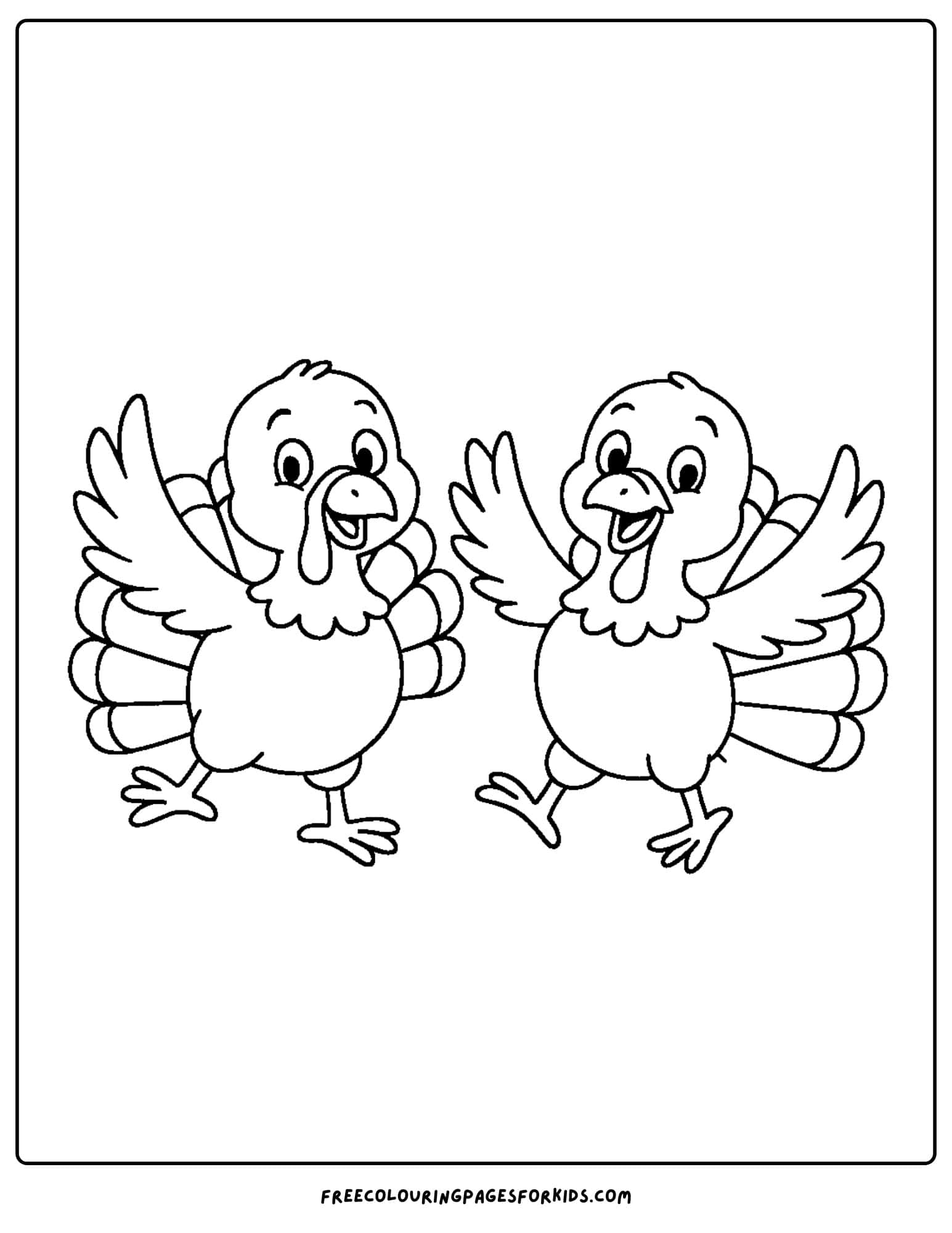 a turkey coloring page featuring a turkey dancing with another turkey