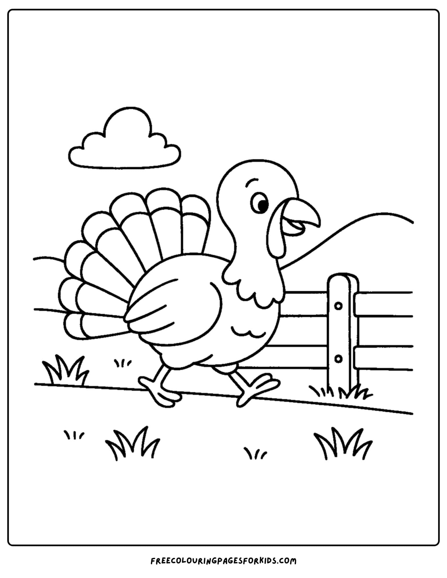 a turkey coloring page featuring a turkey walking along a fenceline