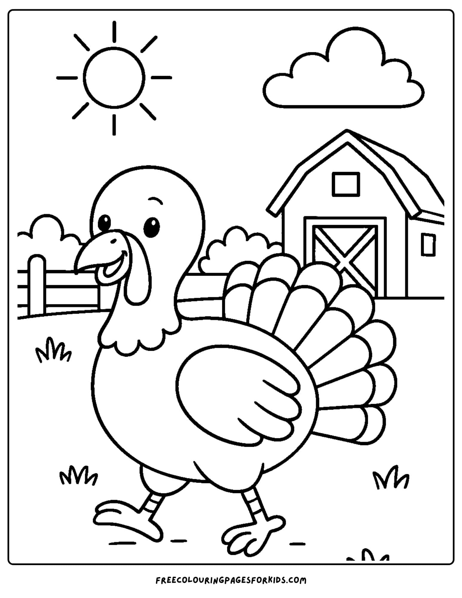 a turkey coloring page featuring a turkey walking around a farmyard with a barn in the background