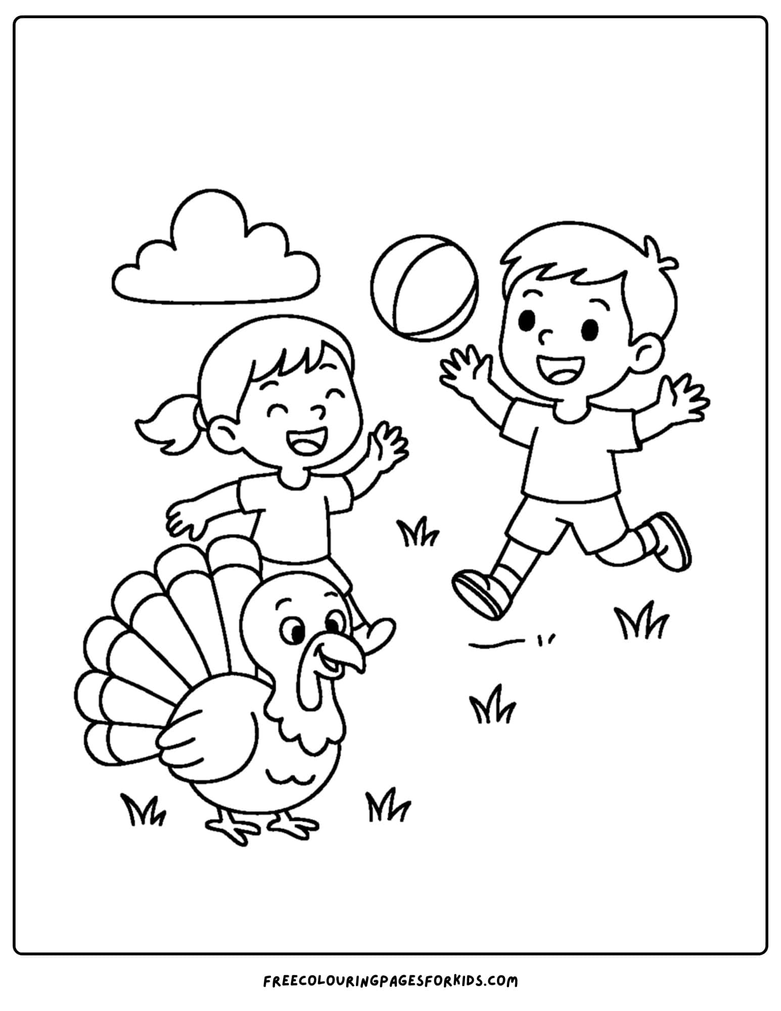 a turkey coloring page featuring a turkey watcing kids run around and playing