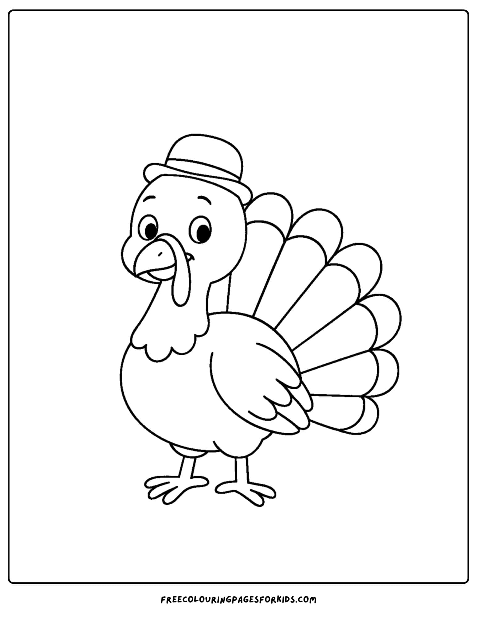 a turkey coloring page featuring a turkey wearing a little hat