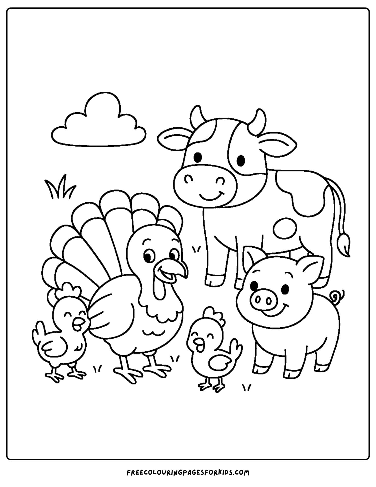 a turkey coloring page featuring a turkey and other famr yard animals like a cow, pig and chickens