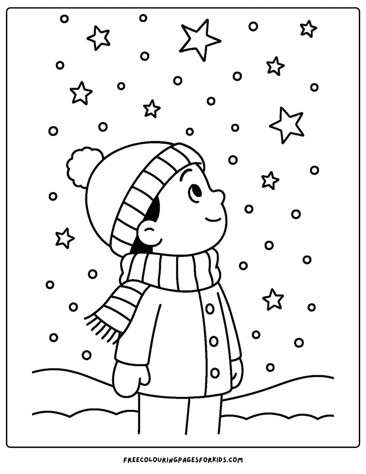a winter coloring page of a child gazing up at the snowy sky