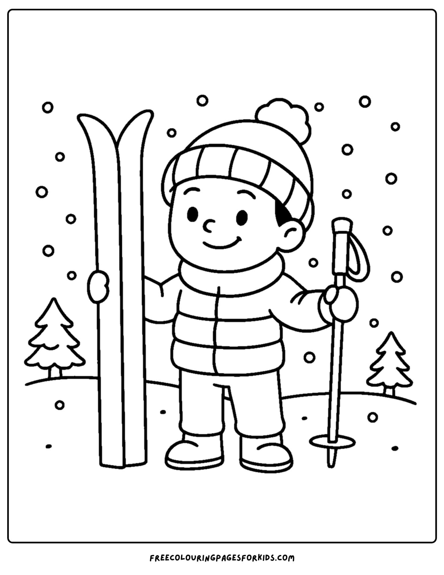 a winter coloring page of a child holding some skis