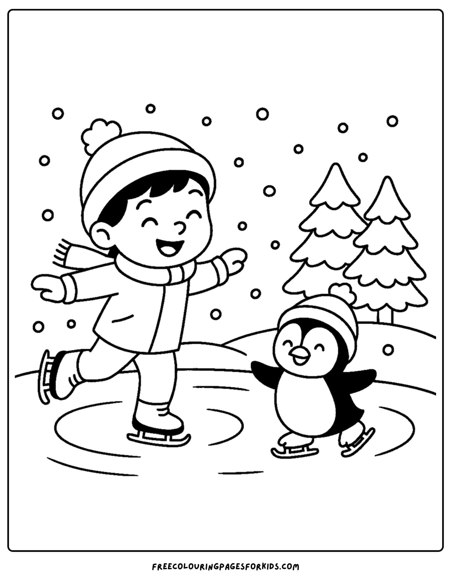 a winter coloring page of a child ice skating with a penguin