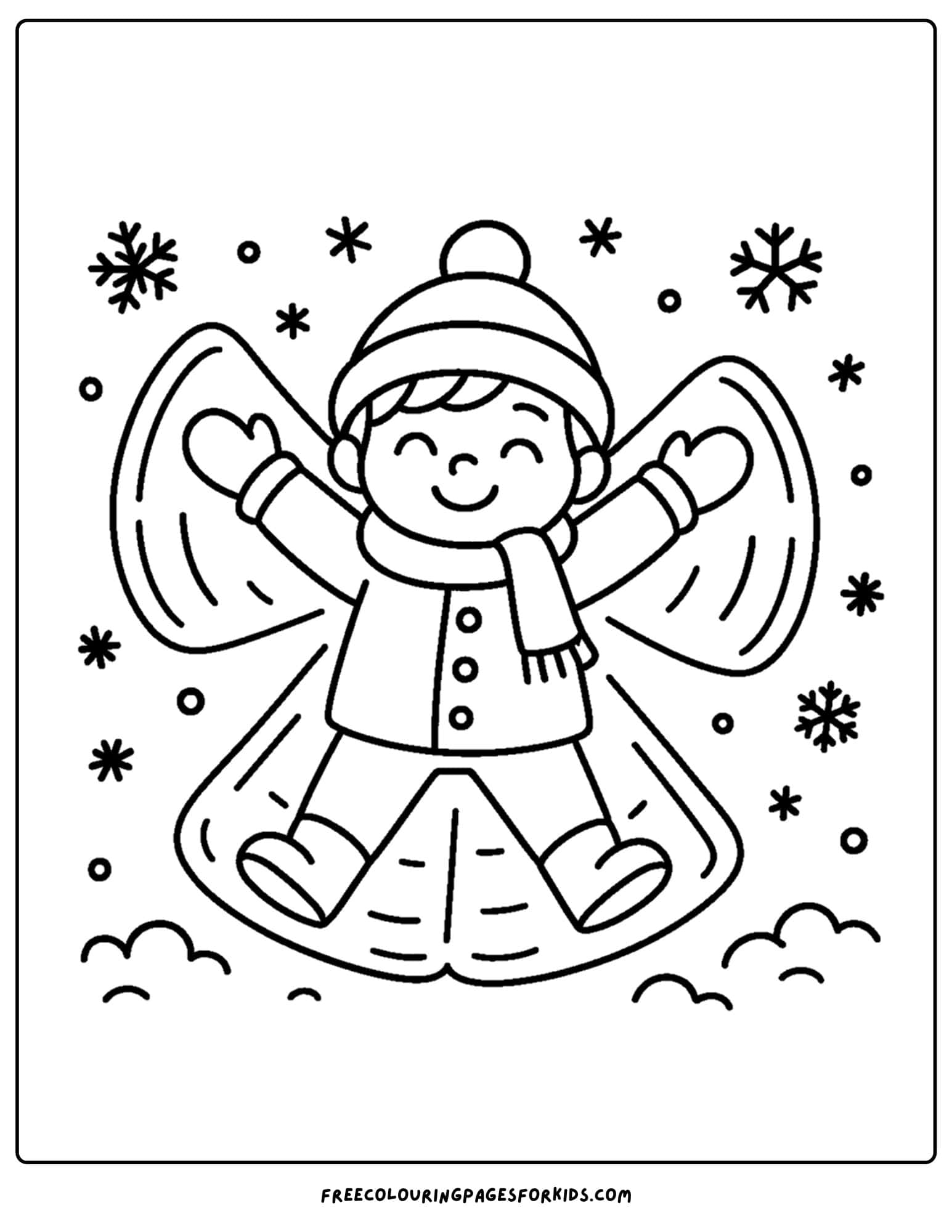 a winter coloring page of a child making a snow angel