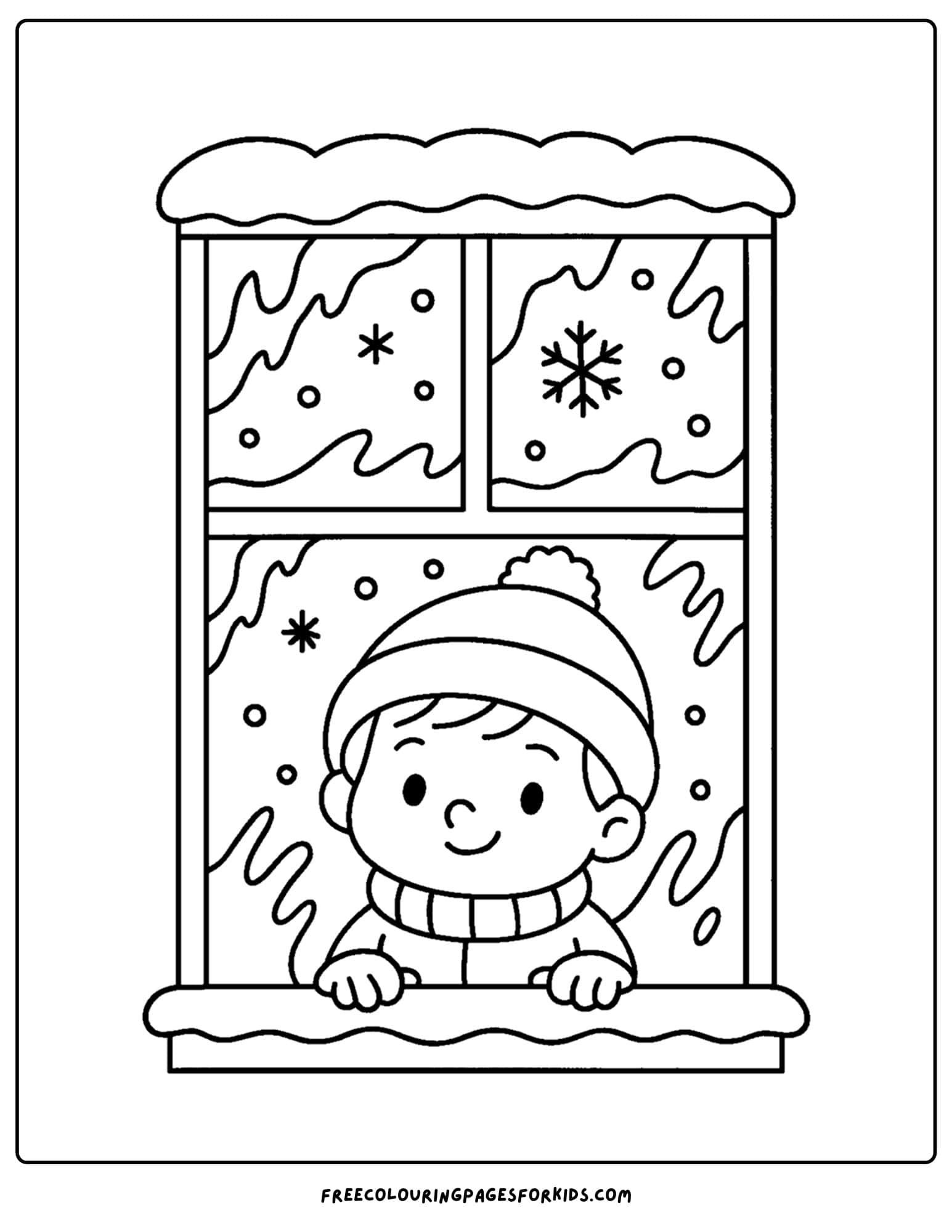 a winter coloring page of a child looking out a frosty window